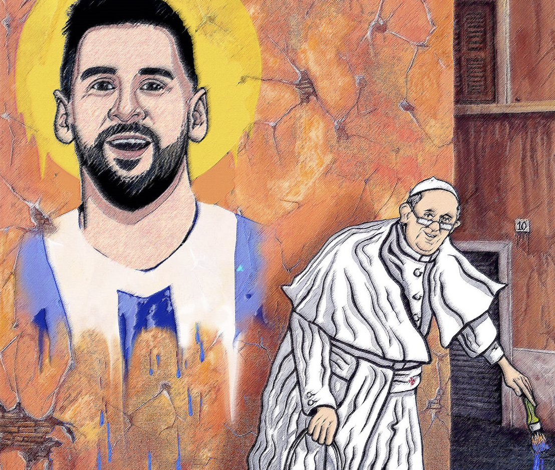 Papa Francesco dipinge su un murales Lionel Messi per festeggiare la vittoria della sua Argentina