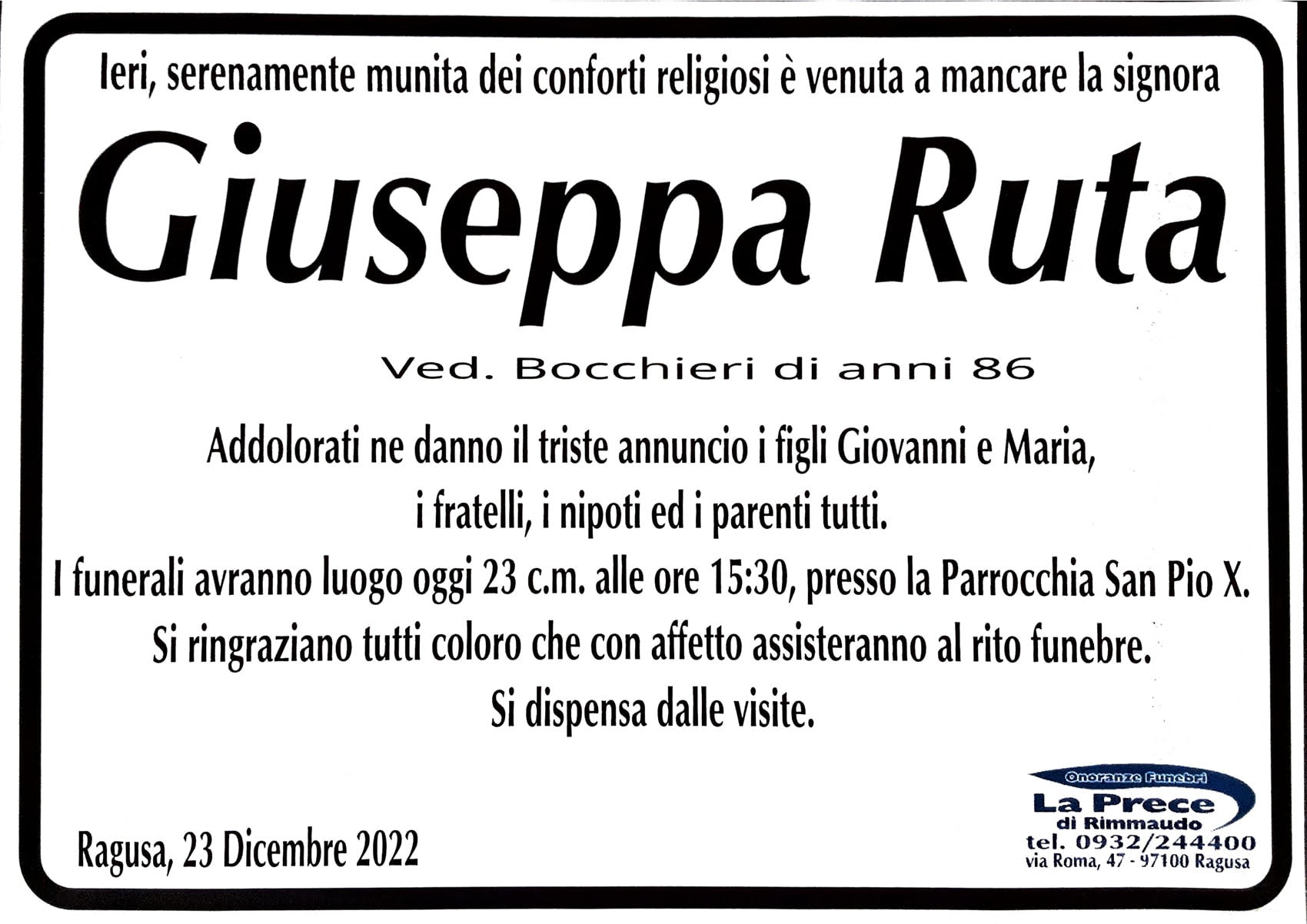 Necrologi: e’ deceduta Giuseppa Ruta