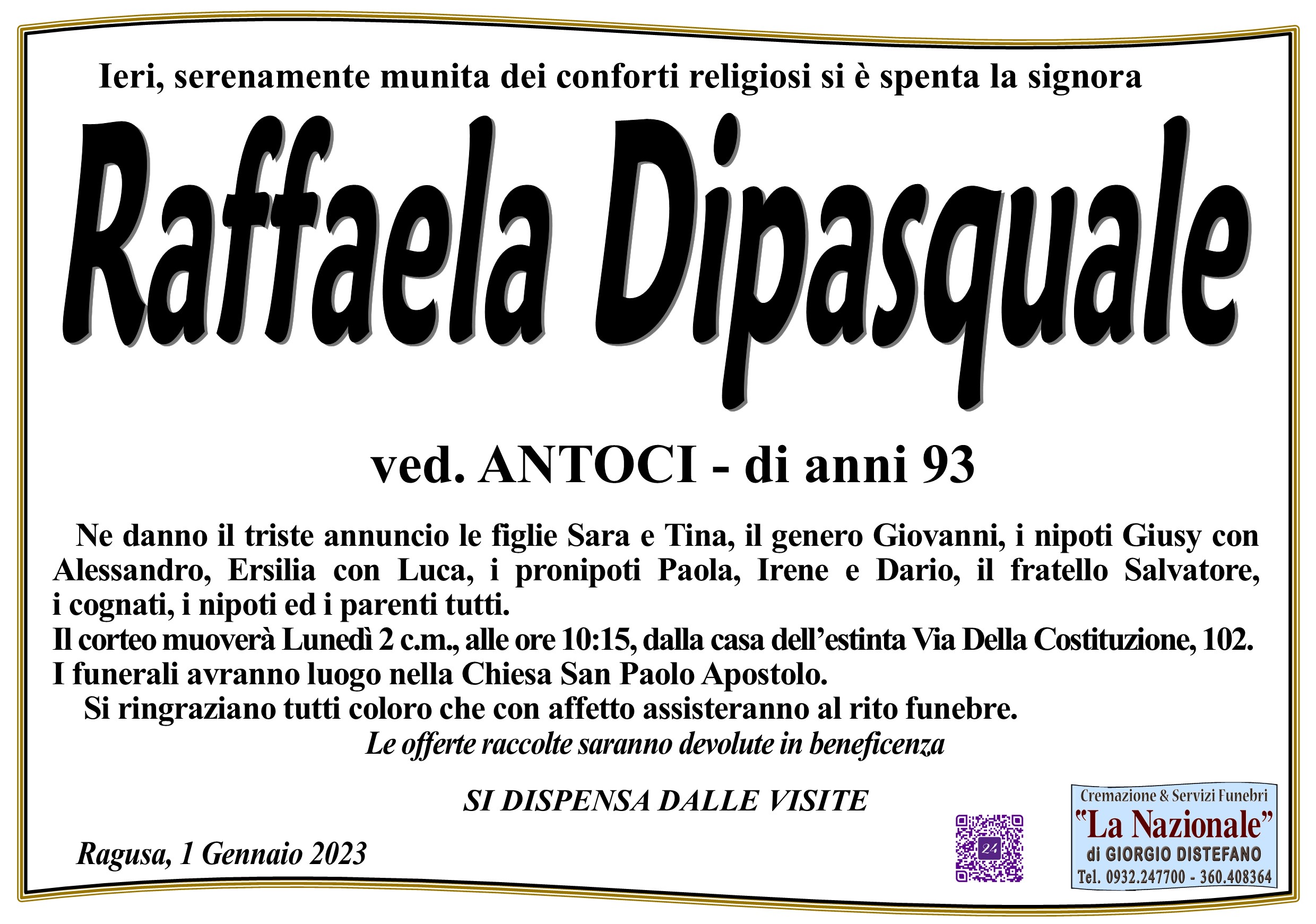 Necrologi: Raffaela Dipasquale