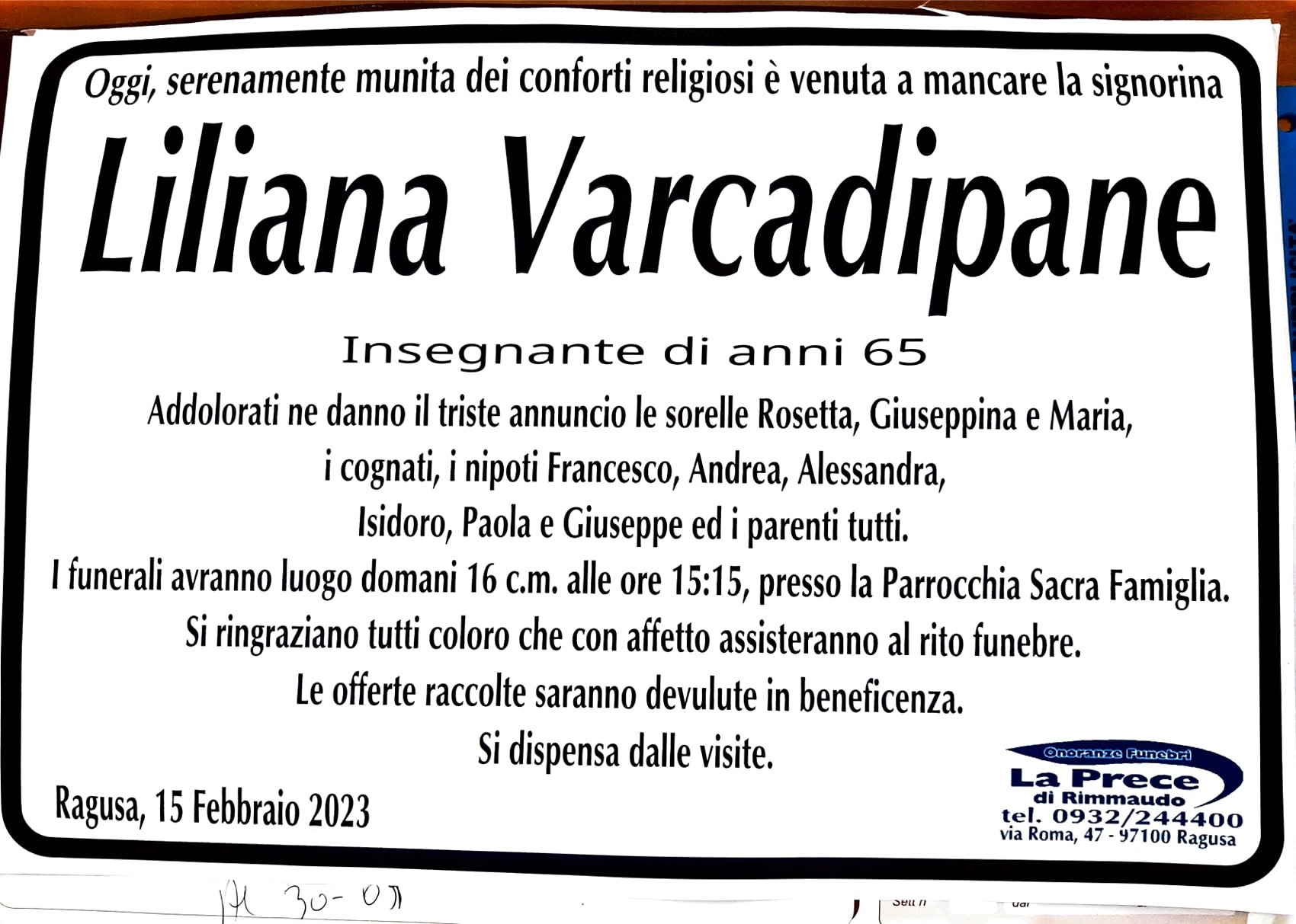 Necrologi: Liliana Varcadipane