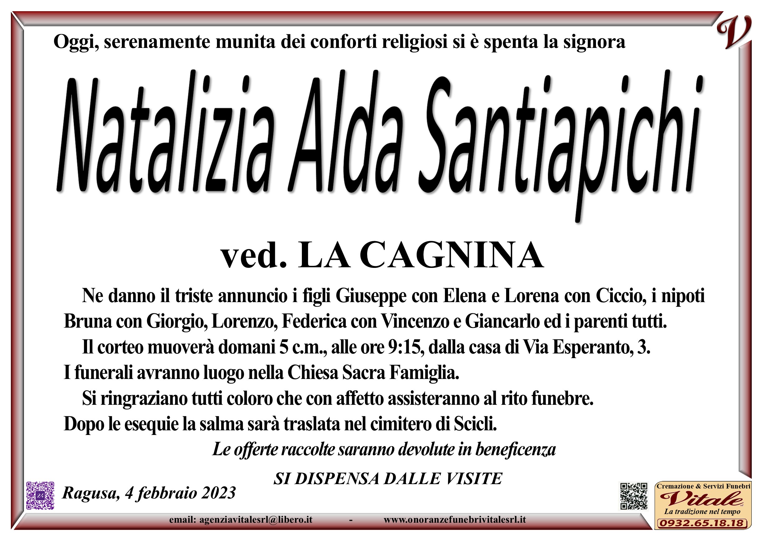 Necrologi: Natalizia Alda Santiapichi