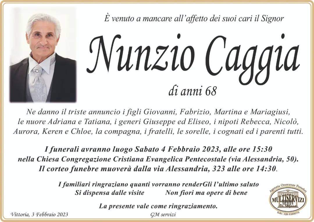 Nunzio Caggia: i funerali sabato 4 febbraio a Vittoria