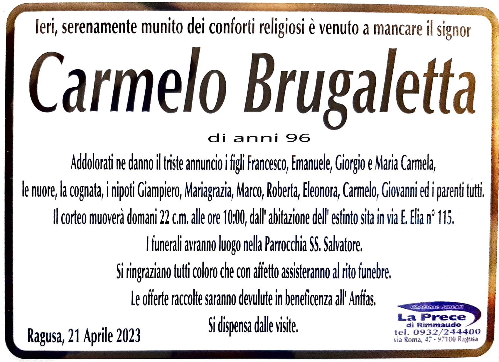 Necrologi: Carmelo Brugaletta