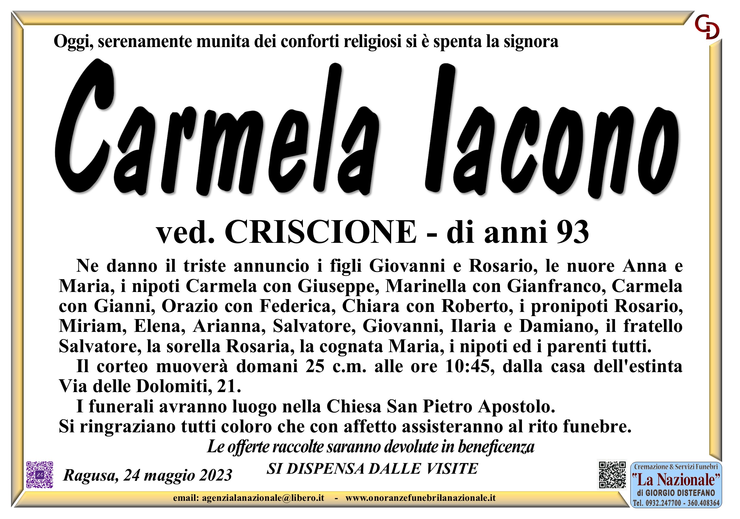 Necrologi: Carmela Iacono