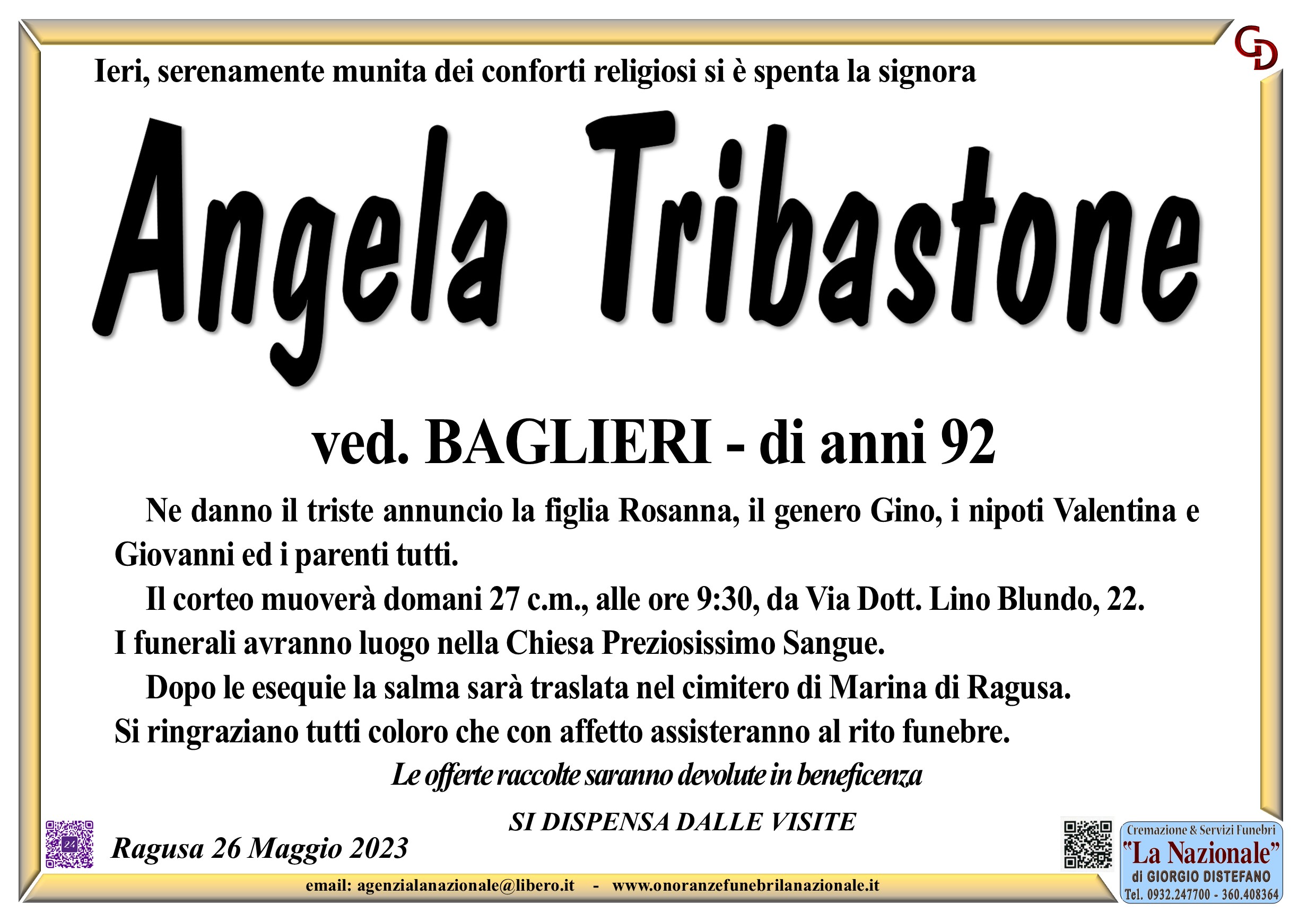 Necrologi: Angela Tribastone