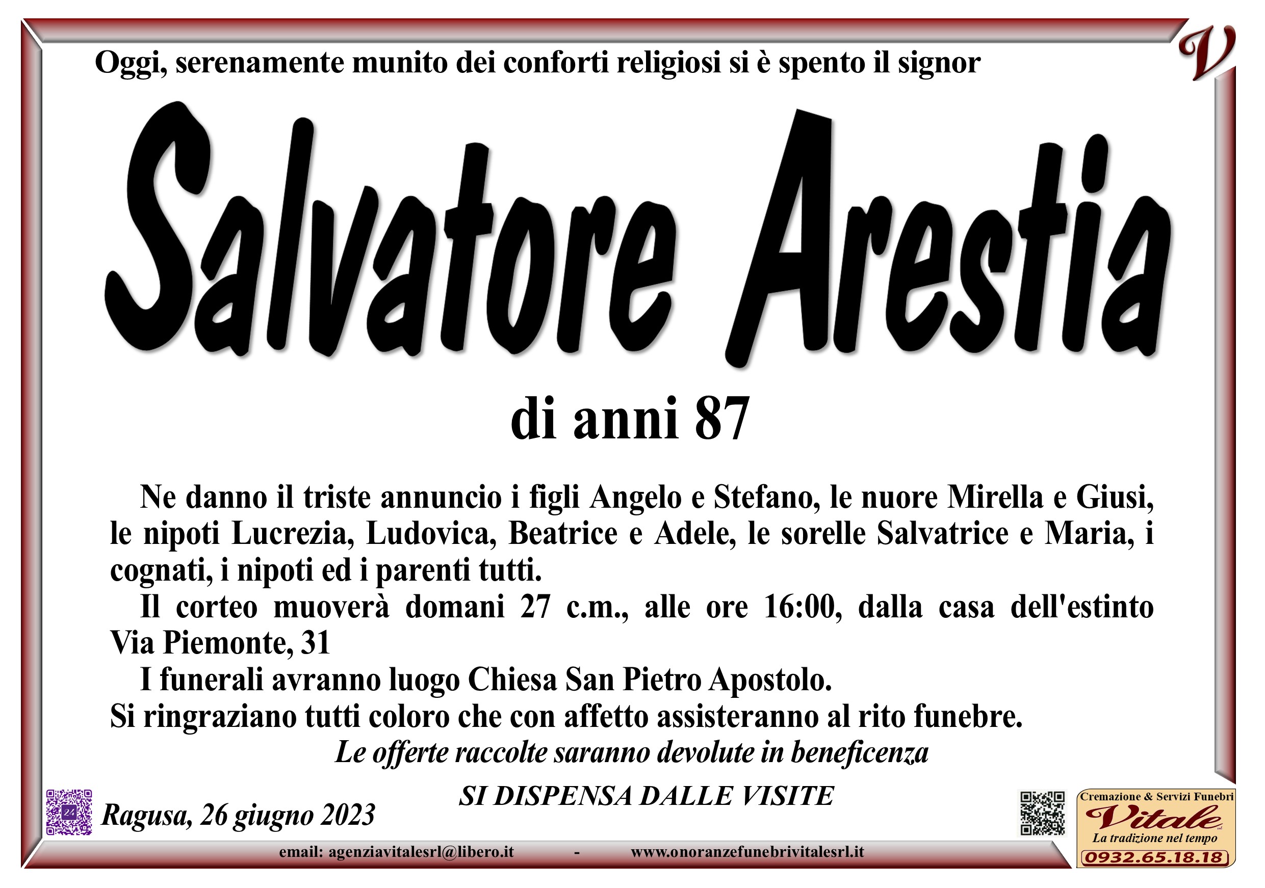 Necrologi: Salvatore Arestia