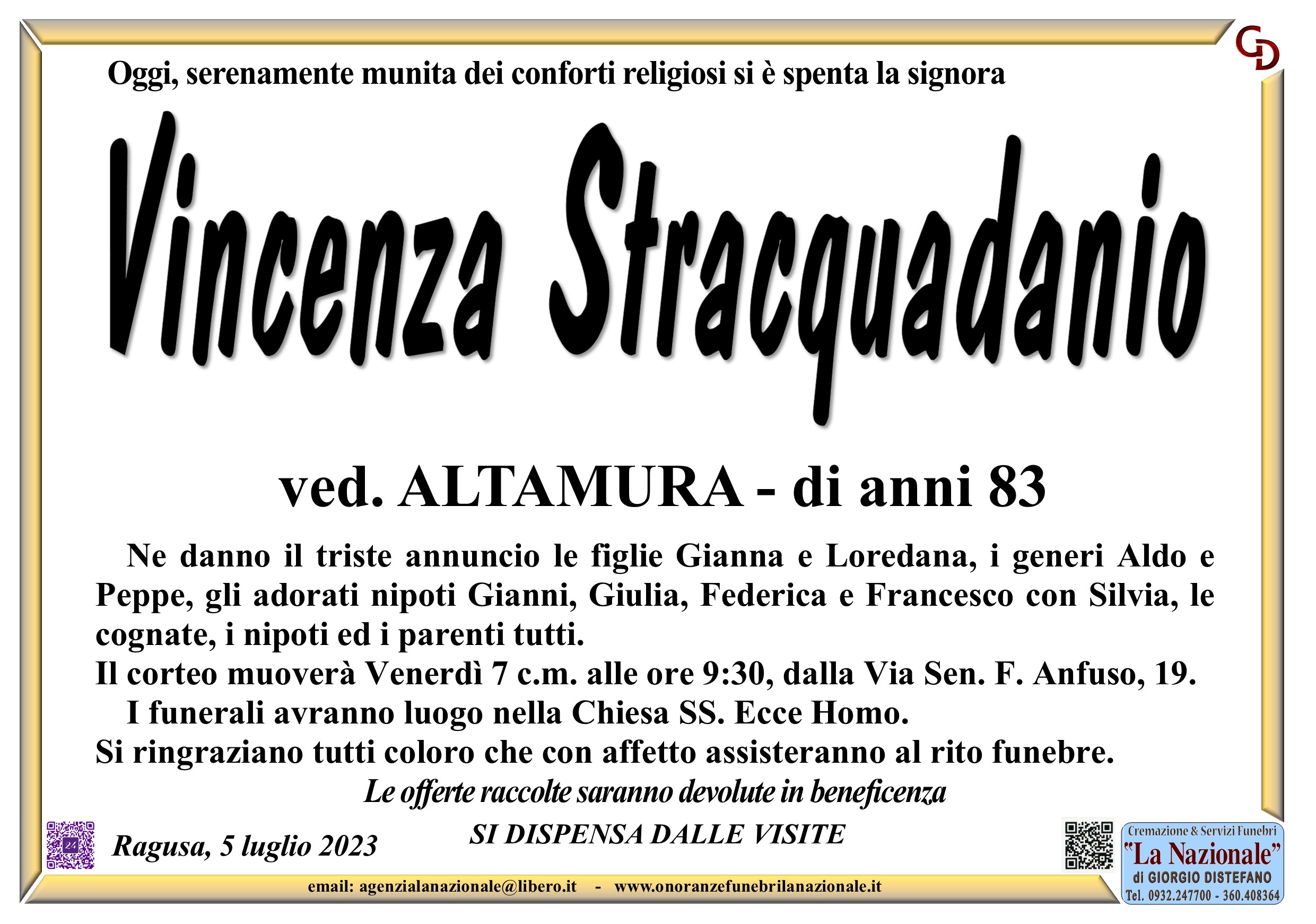 Necrologi: Vincenza Stracquadanio
