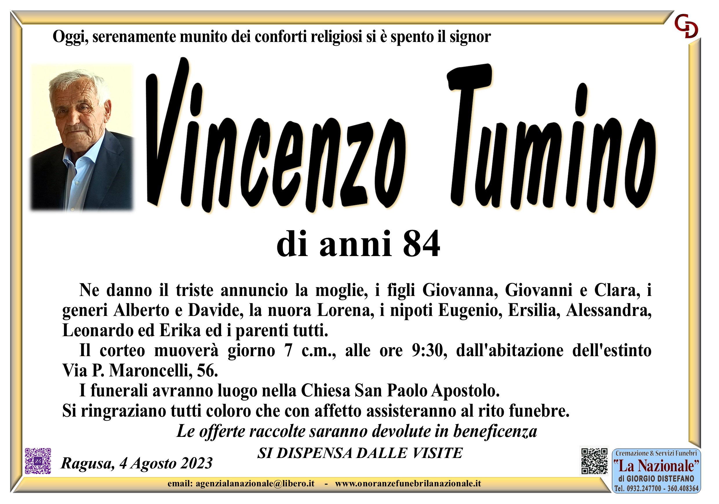 Necrologi: Vincenzo Tumino