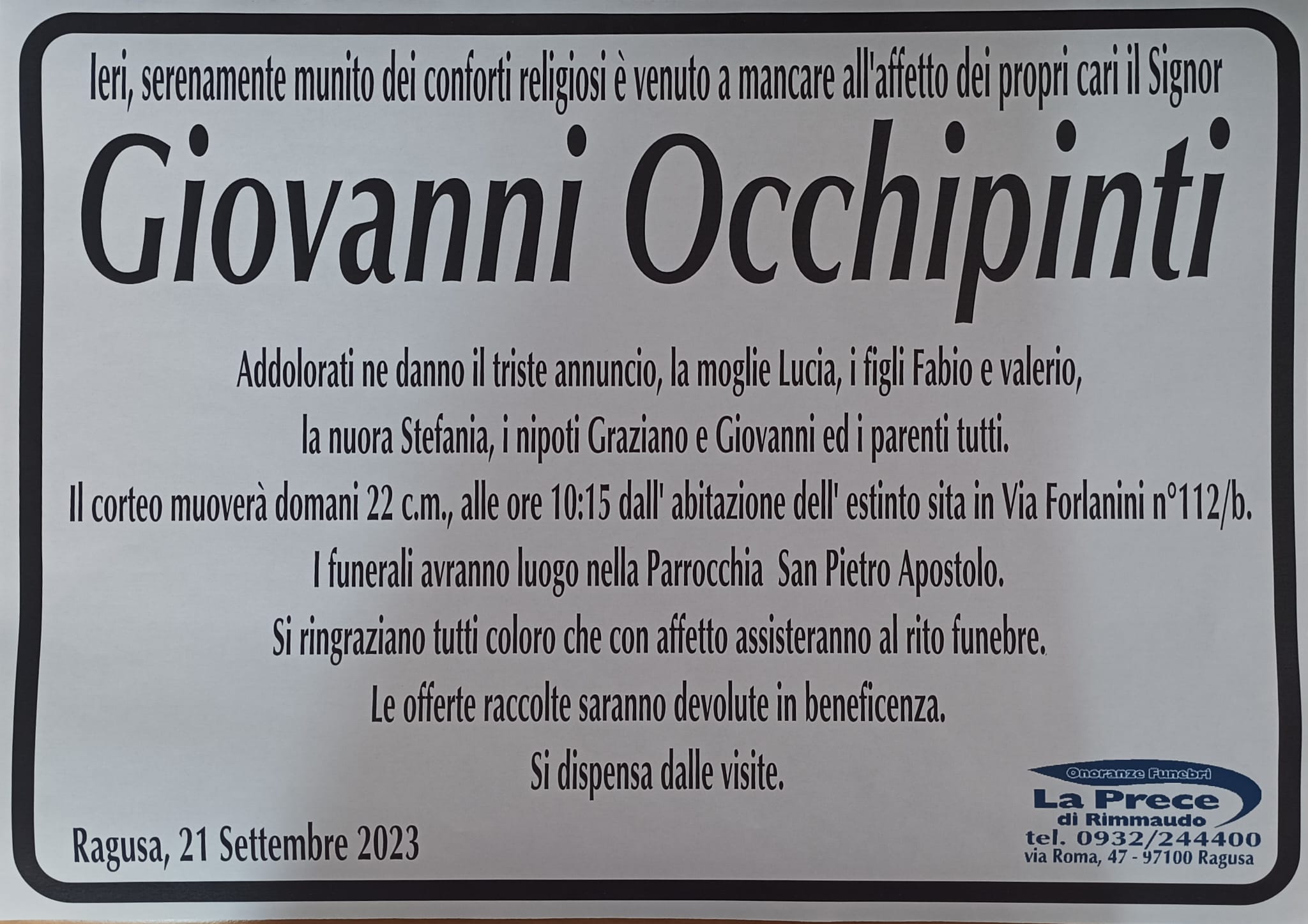 Necrologi: Giovanni Occhipinti