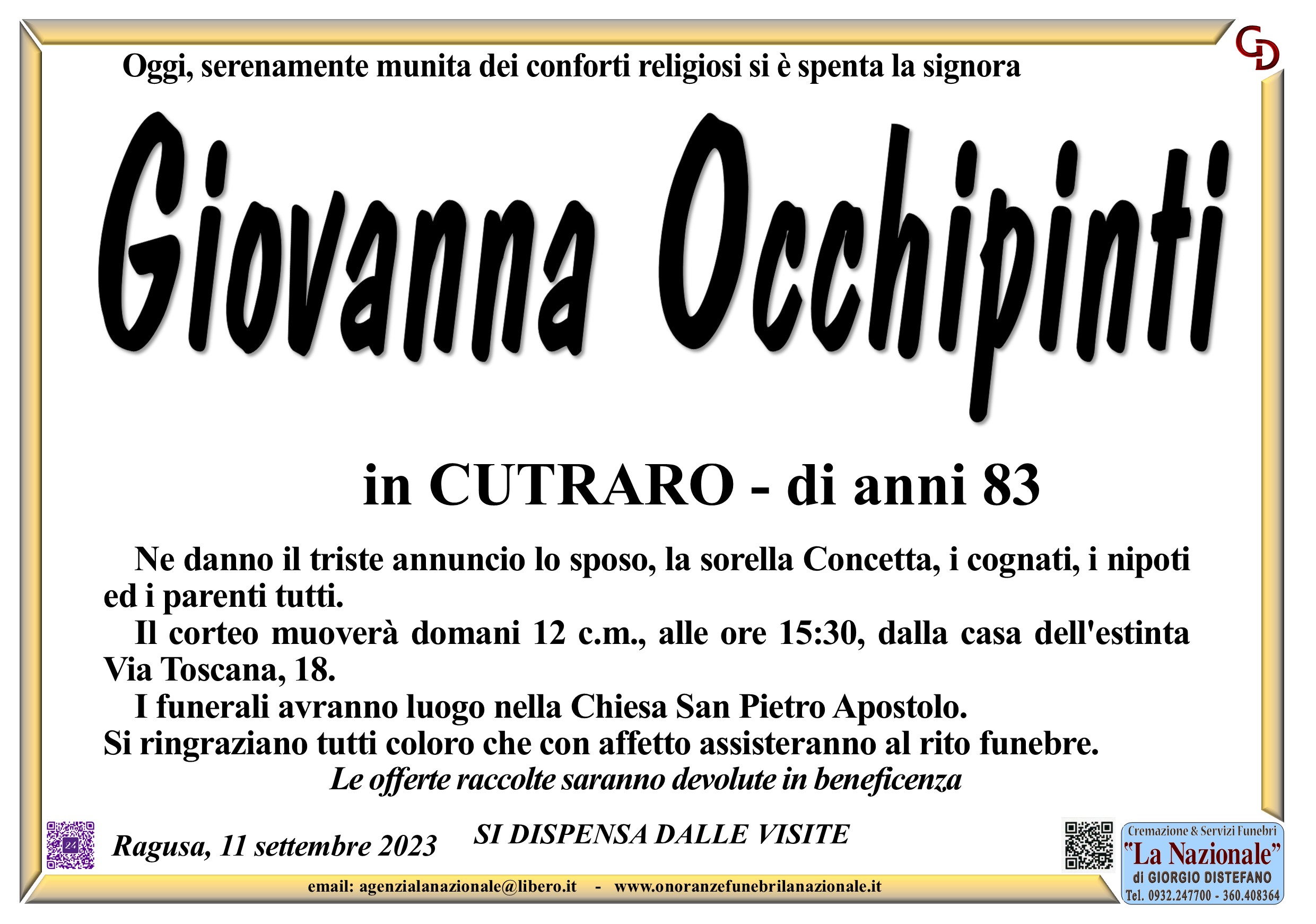Necrologi: Giovanna Occhipinti