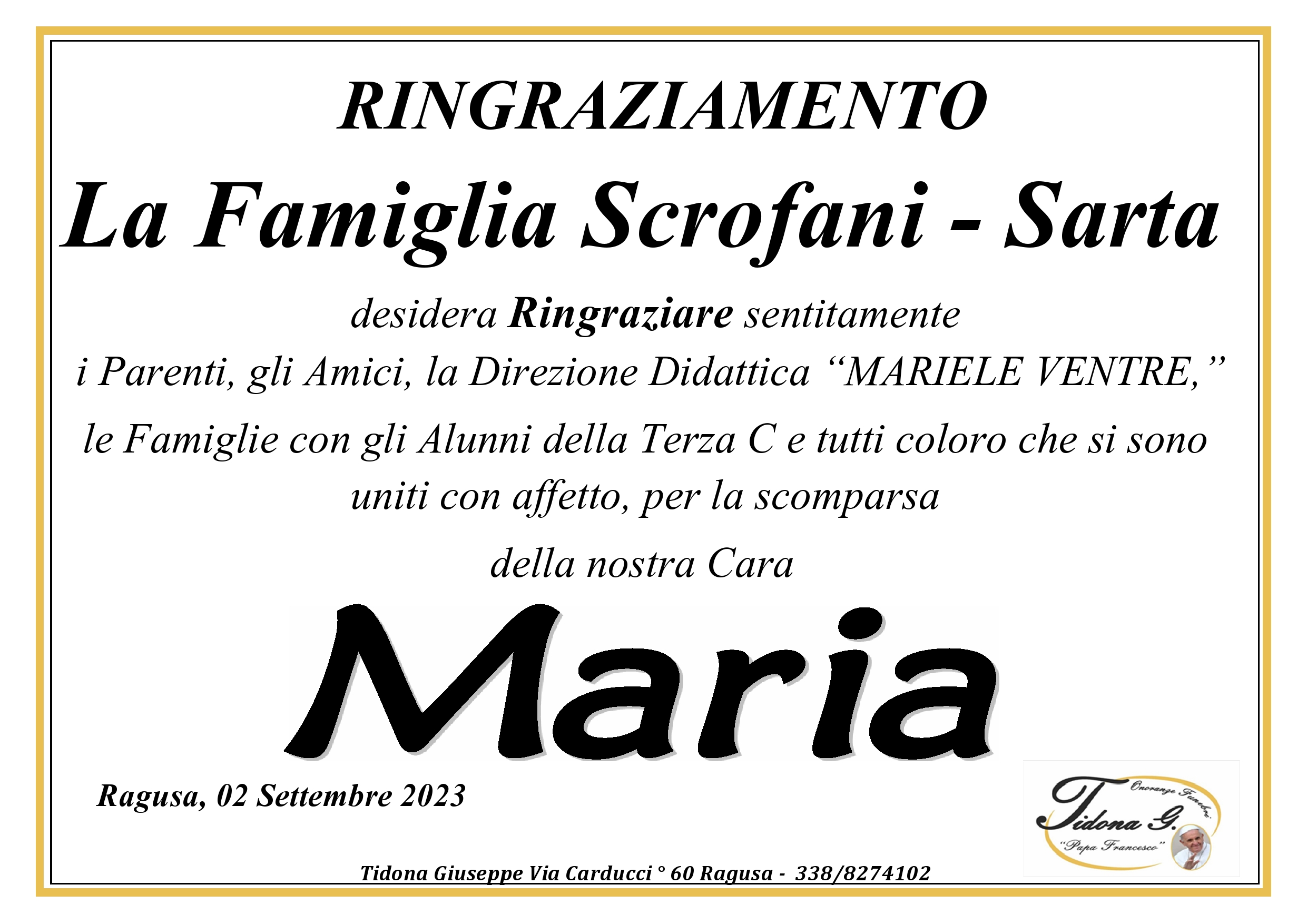 Necrologi: Ringraziamento famiglia Scrofani-Sarta