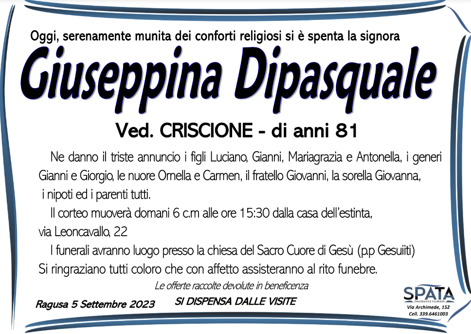 Necrologi: Giuseppina Dipasquale