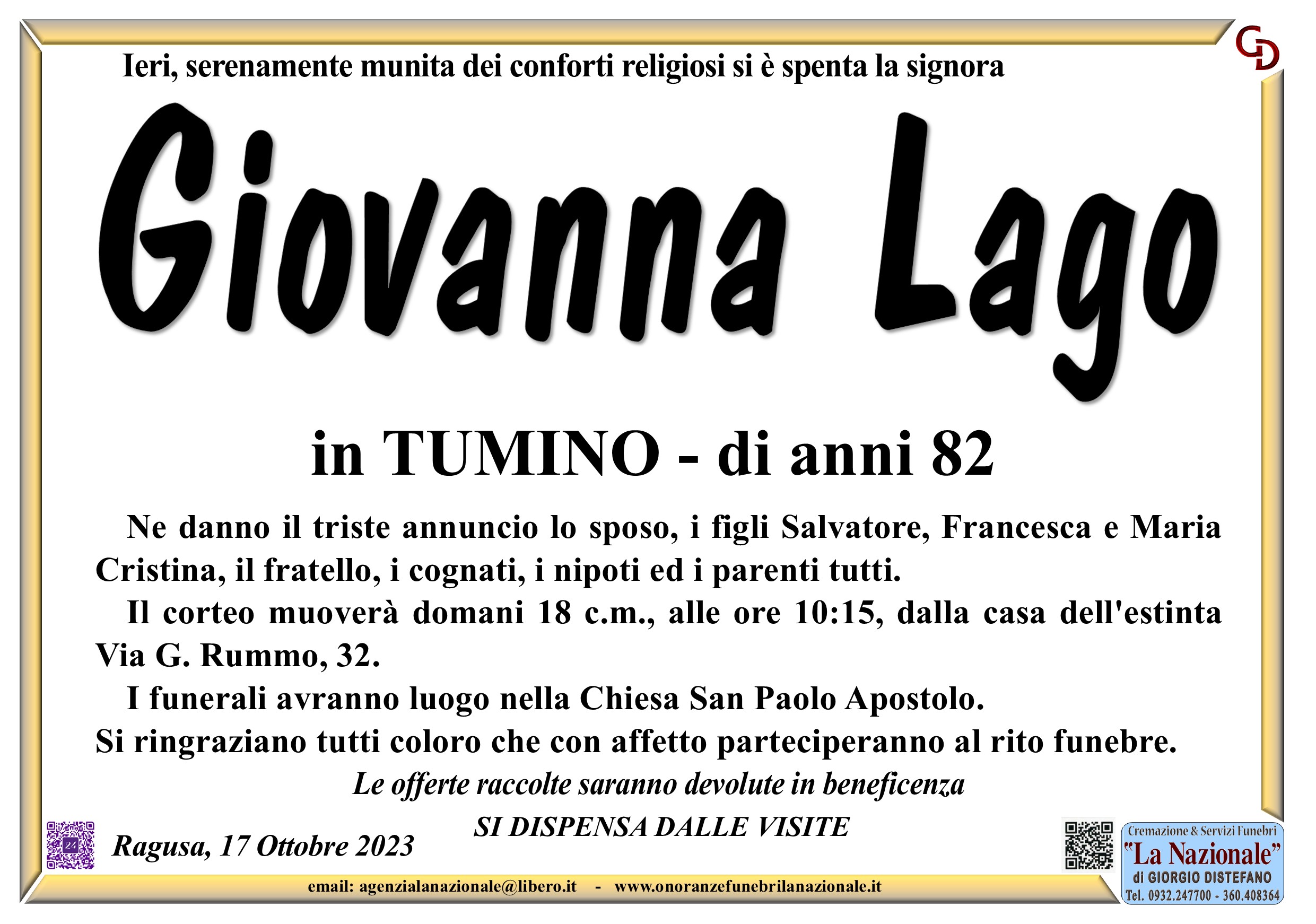 Necrologi: Giovanna Lago