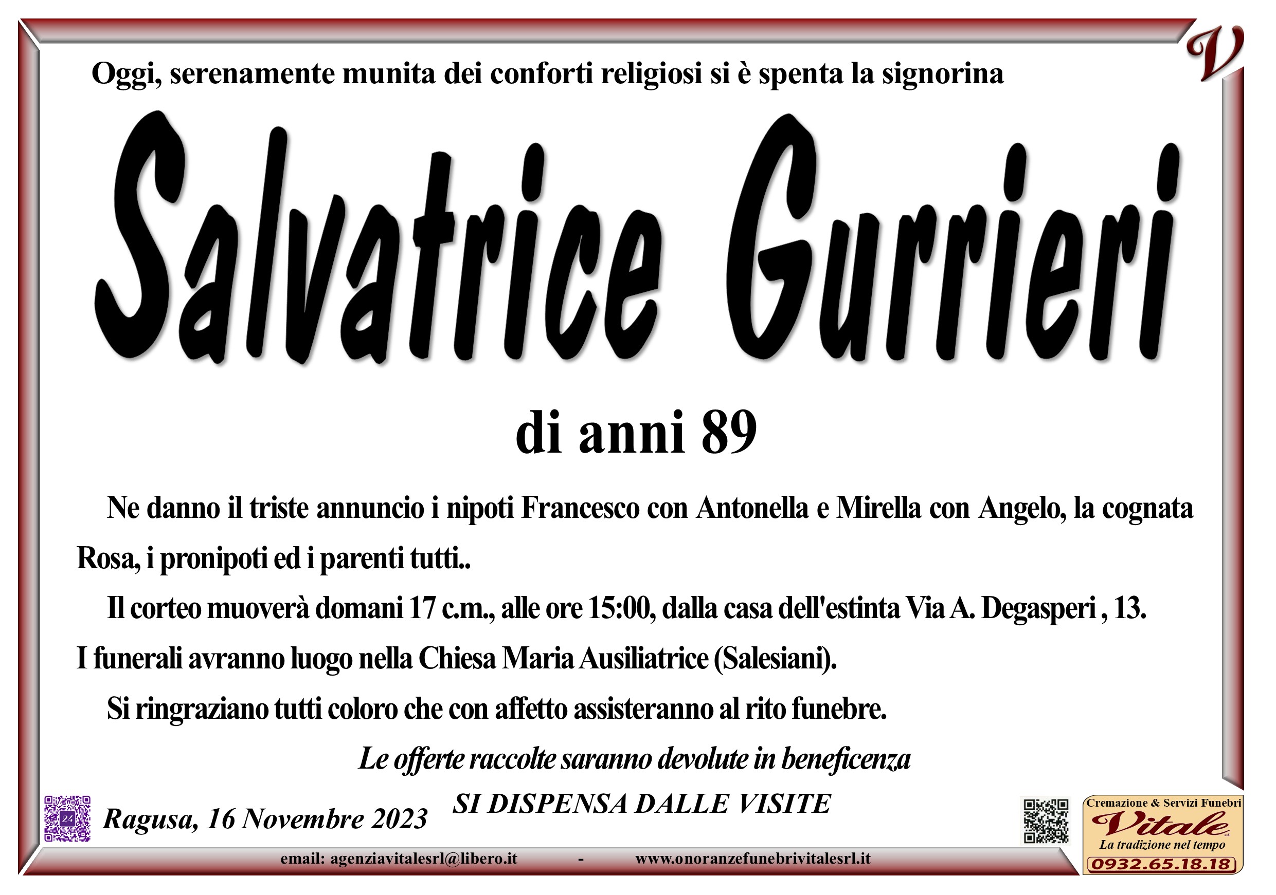 Necrologi: Salvatrice Gurrieri