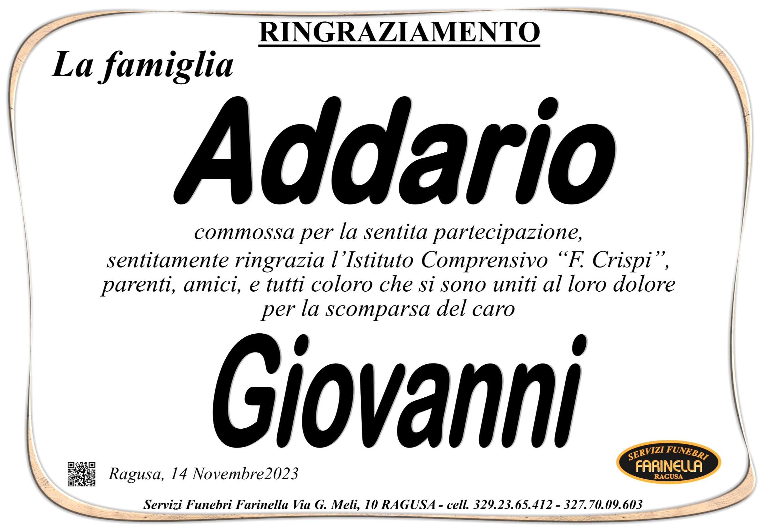 Ringraziamento Addario Giovanni