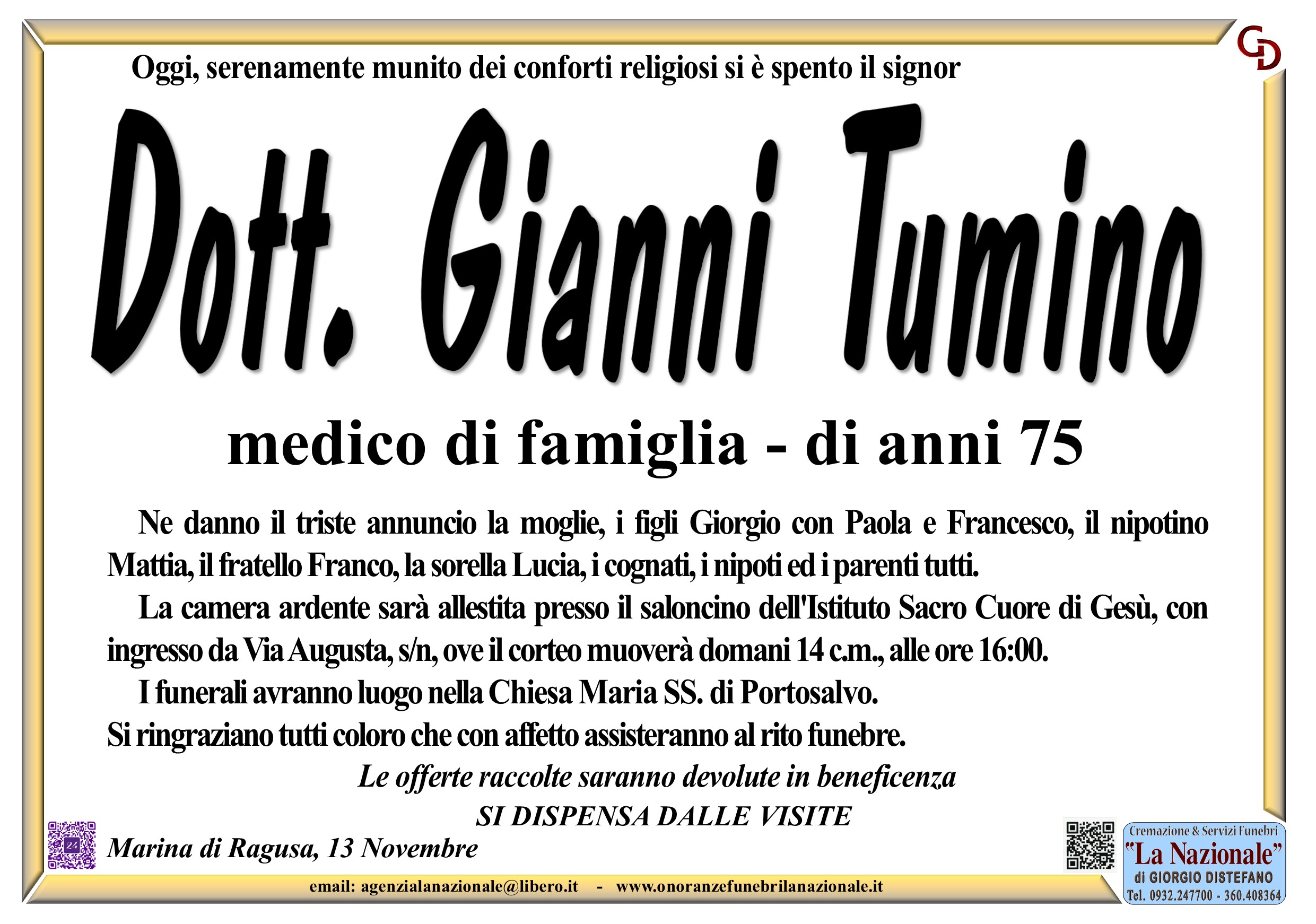 Necrologi: dott. Gianni Tumino
