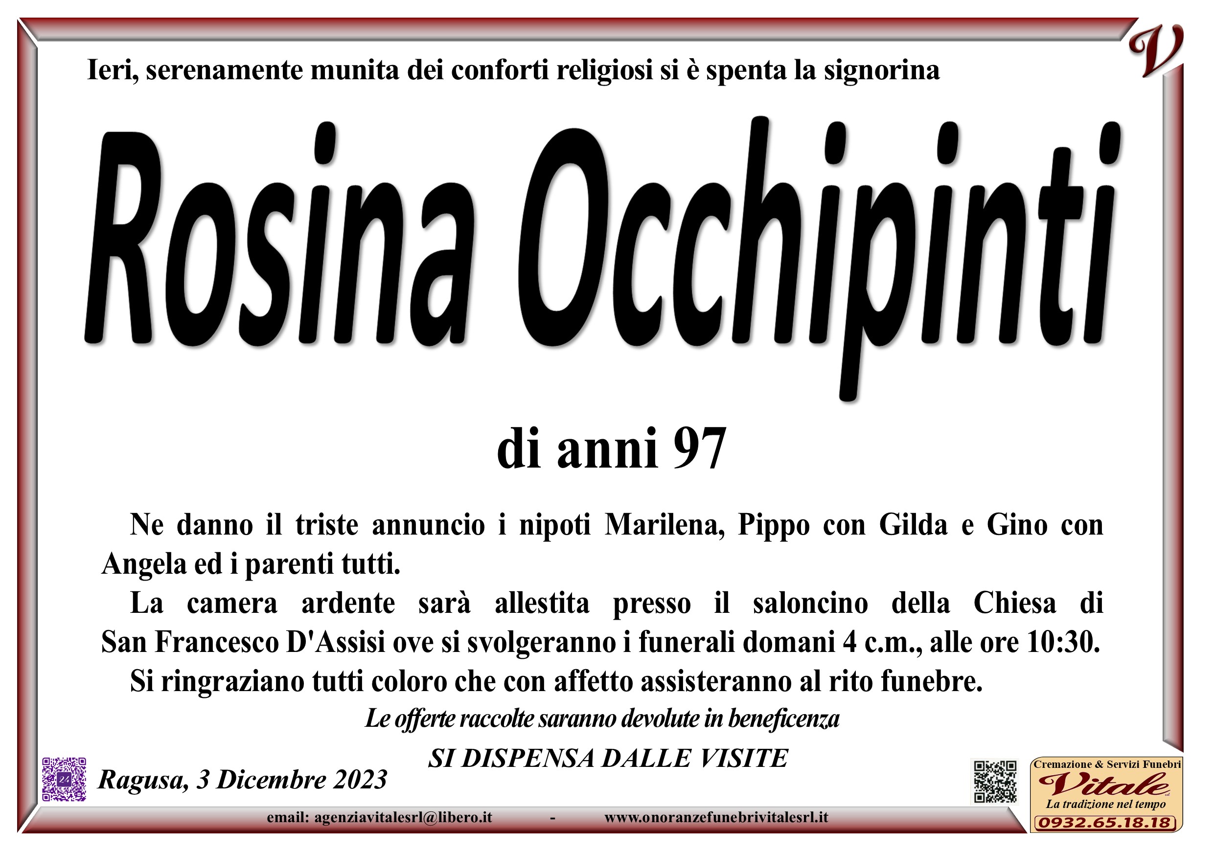 Necrologi: Rosina Occhipinti