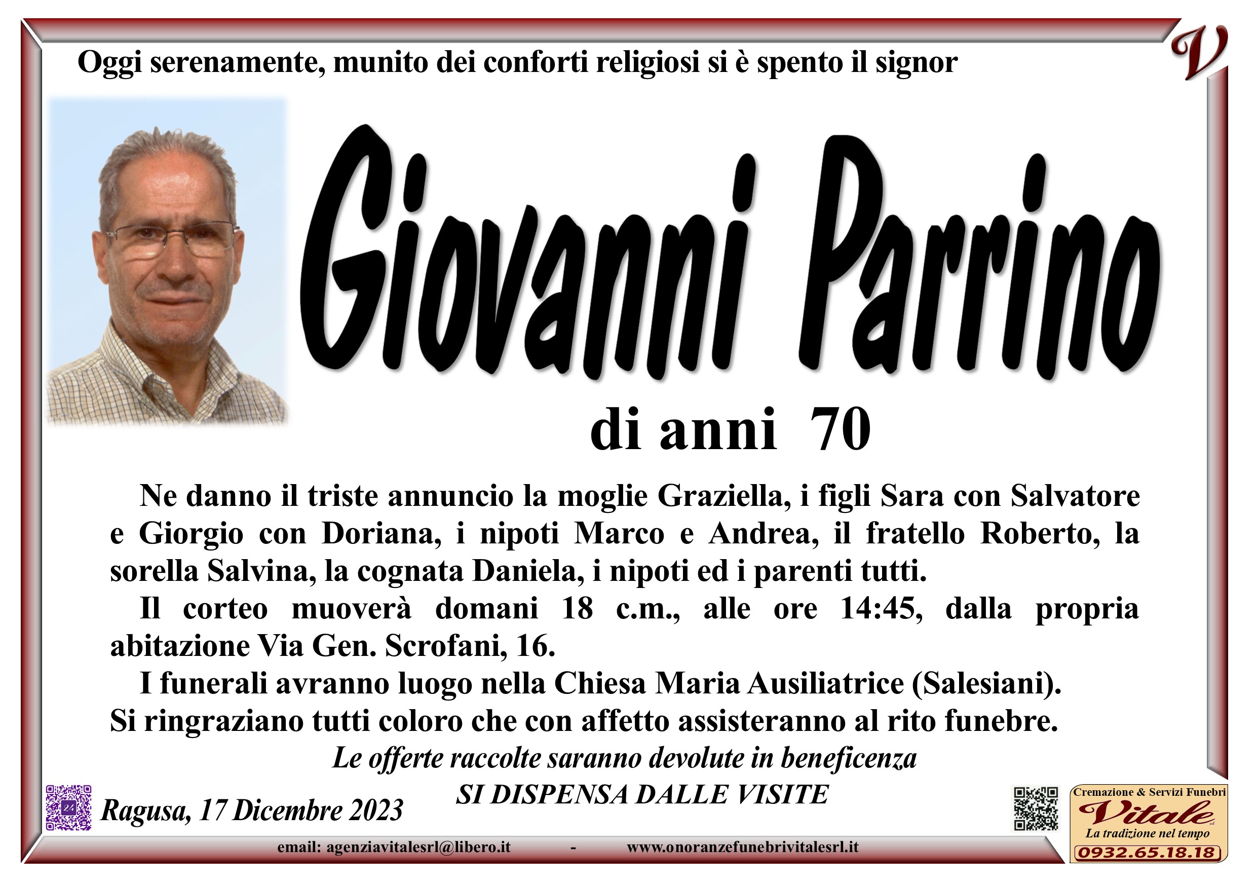 Necrologi: E’ deceduto Giovanni Parrino