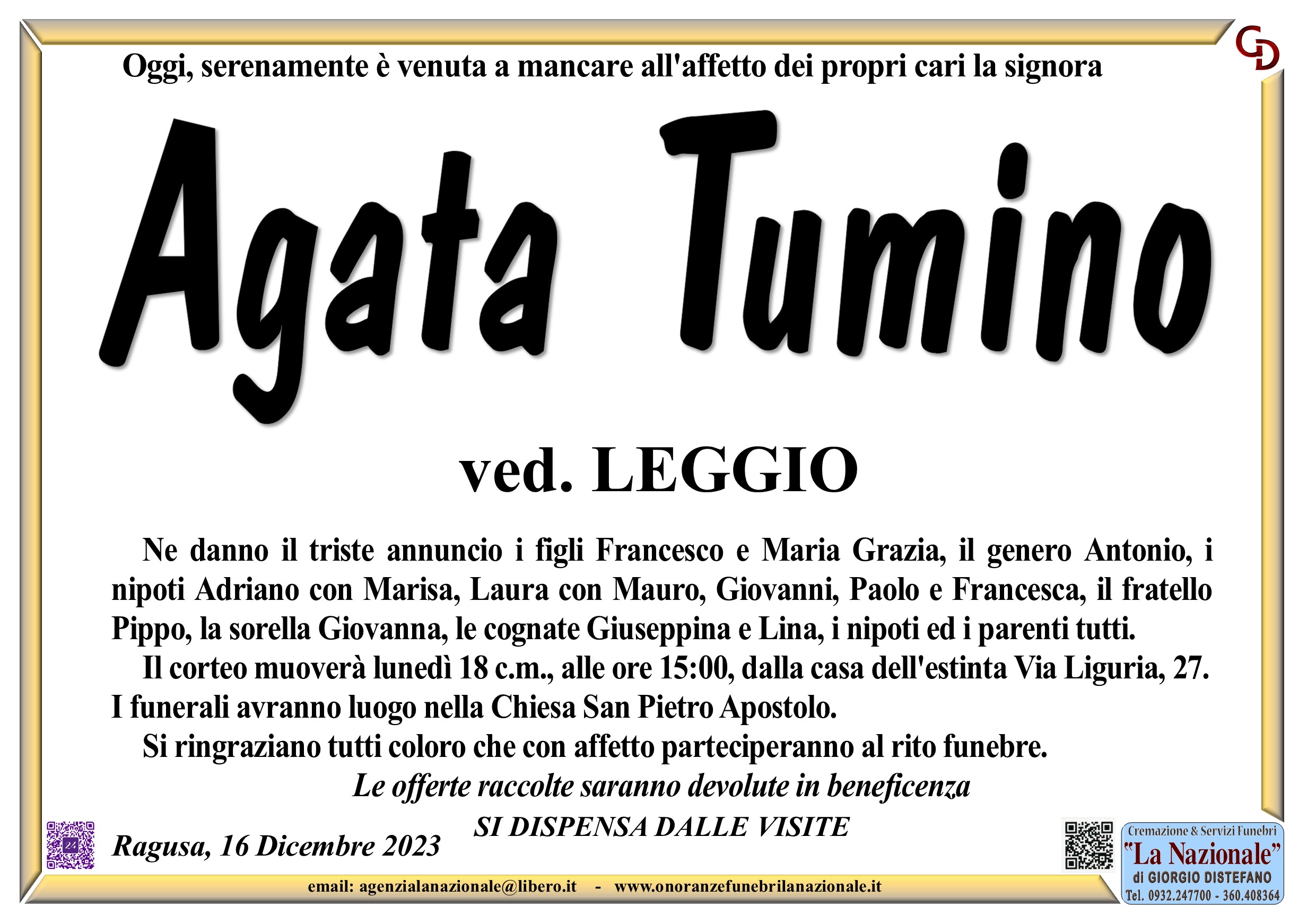 Necrologi: E’ deceduta Agata Tumino