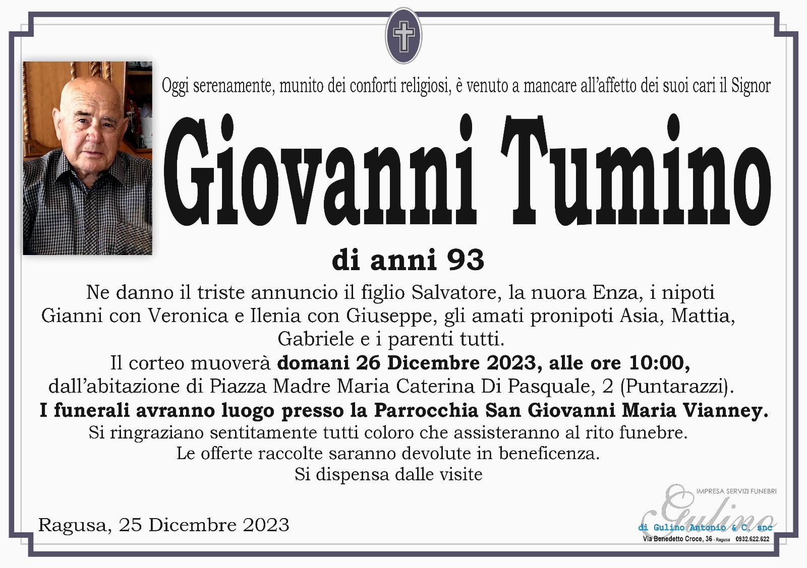 Necrologi: E’ deceduto Giovanni Tumino