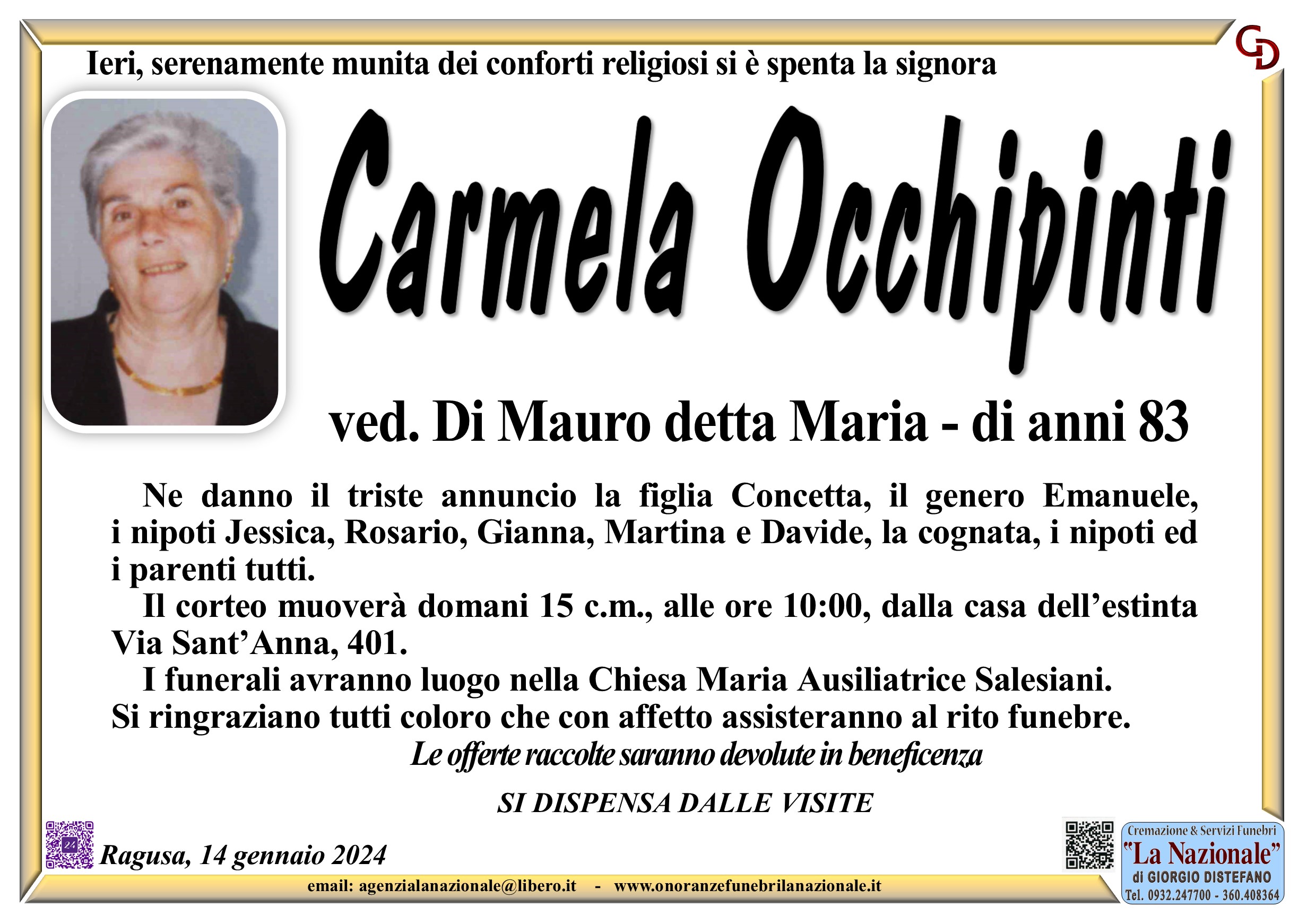 Necrologi: Carmela Occhipinti