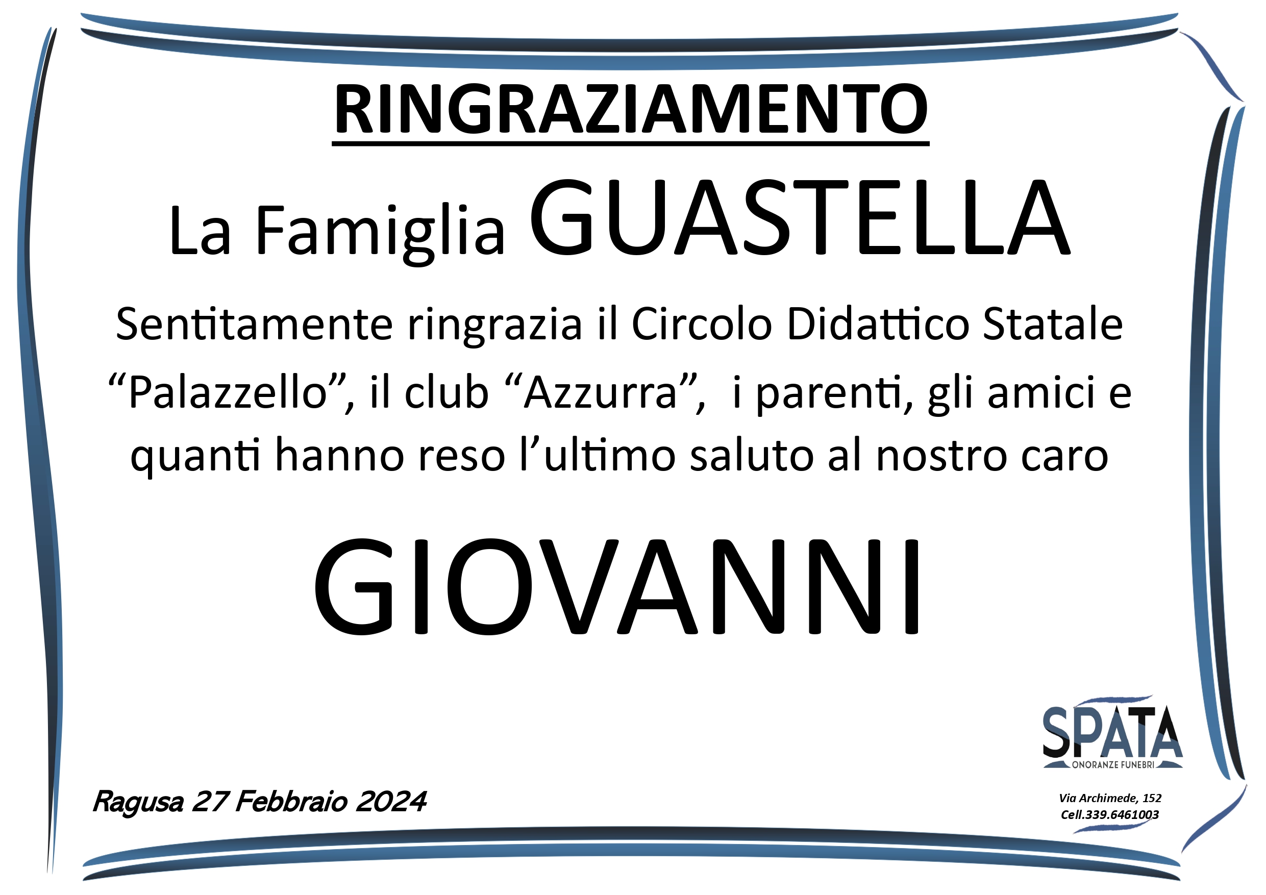Ringraziamento famiglia Guastella
