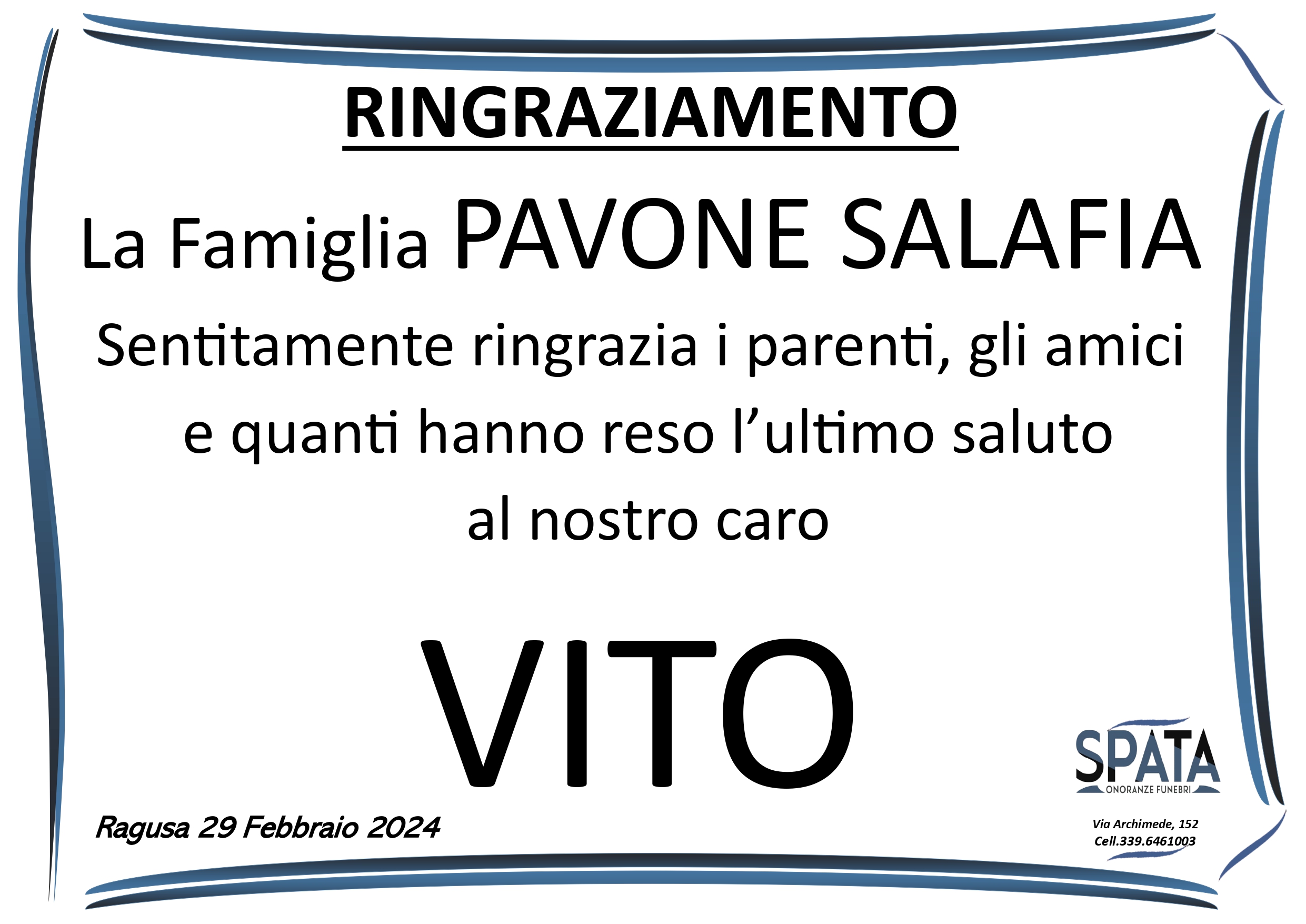 Ringraziamento famiglia Pavone-Salafia