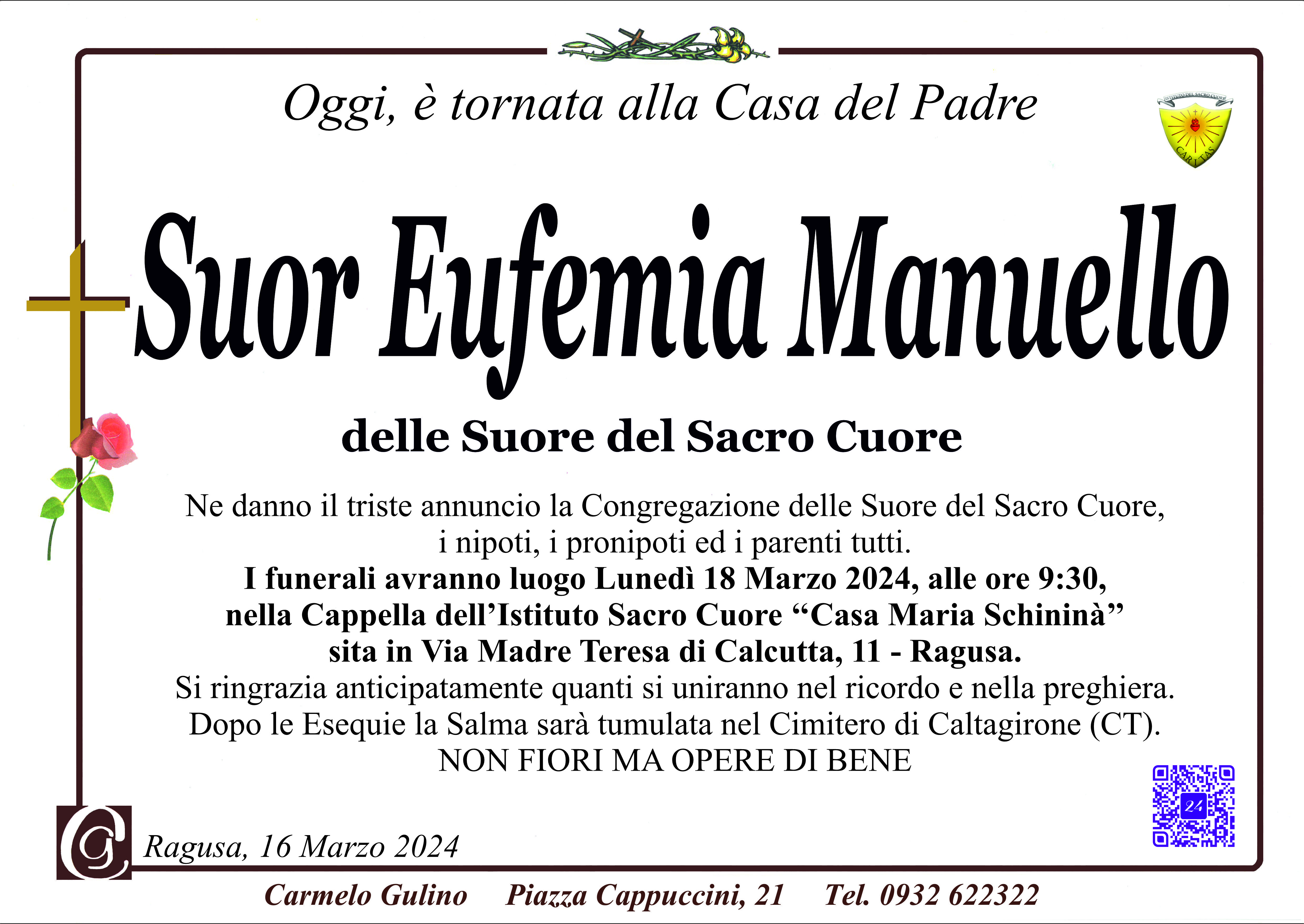Necrologi: Suor Eufemia Manuello
