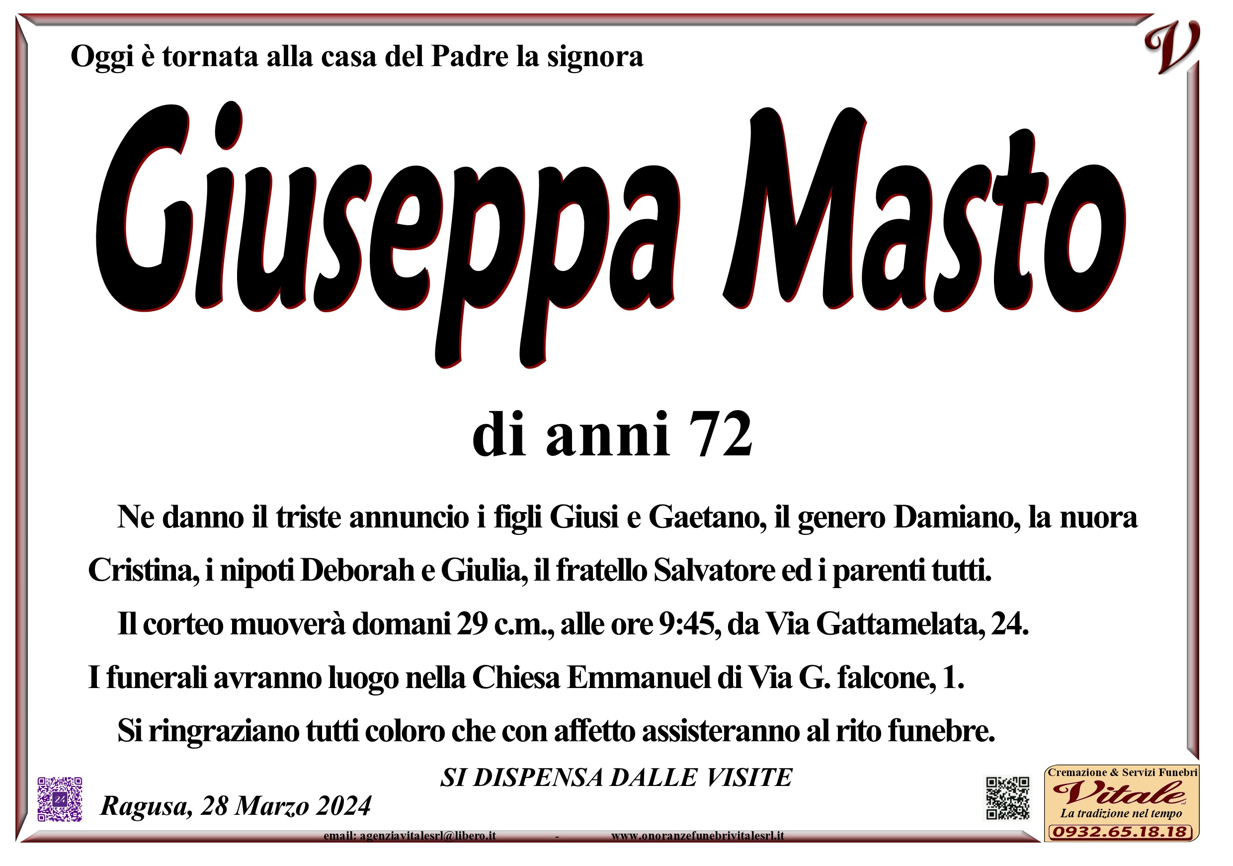 Necrologi: Giuseppa Masto