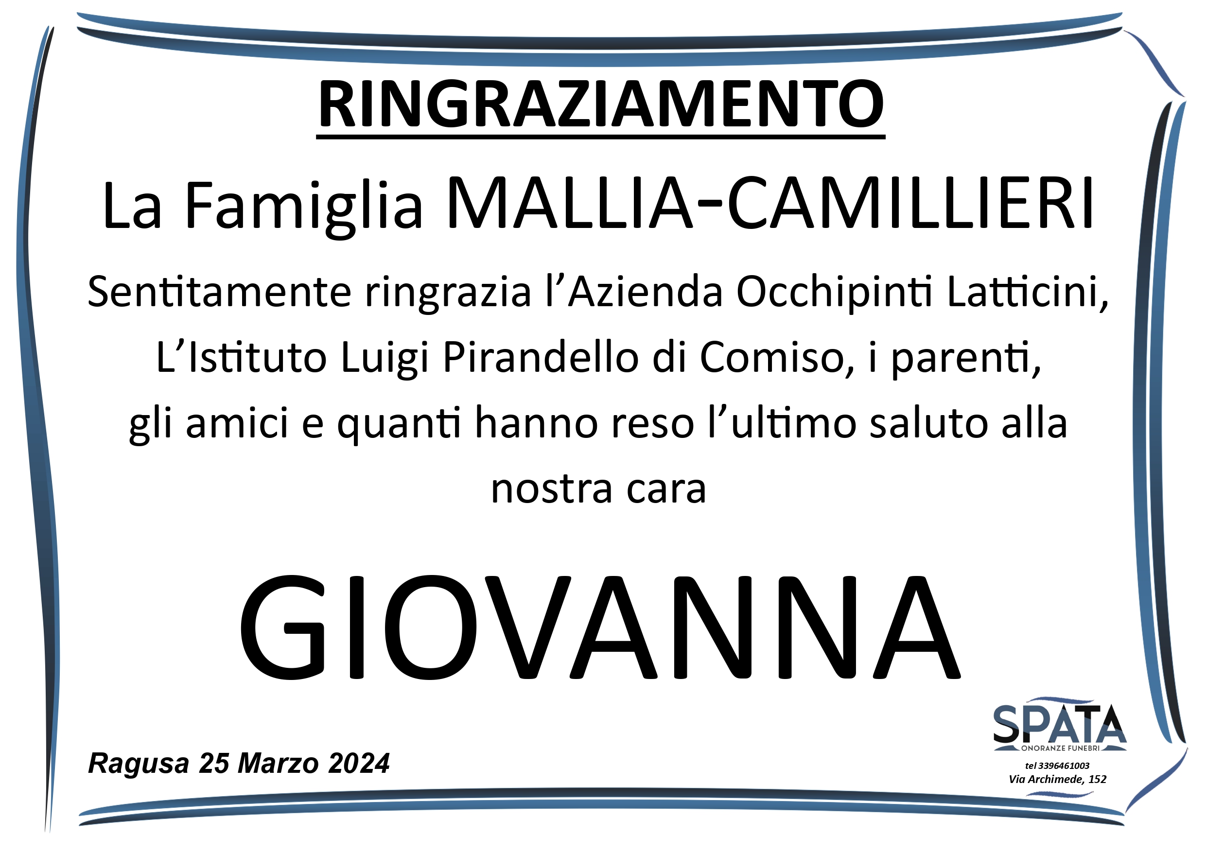 Ringraziamento famiglia Mallia-Camillieri