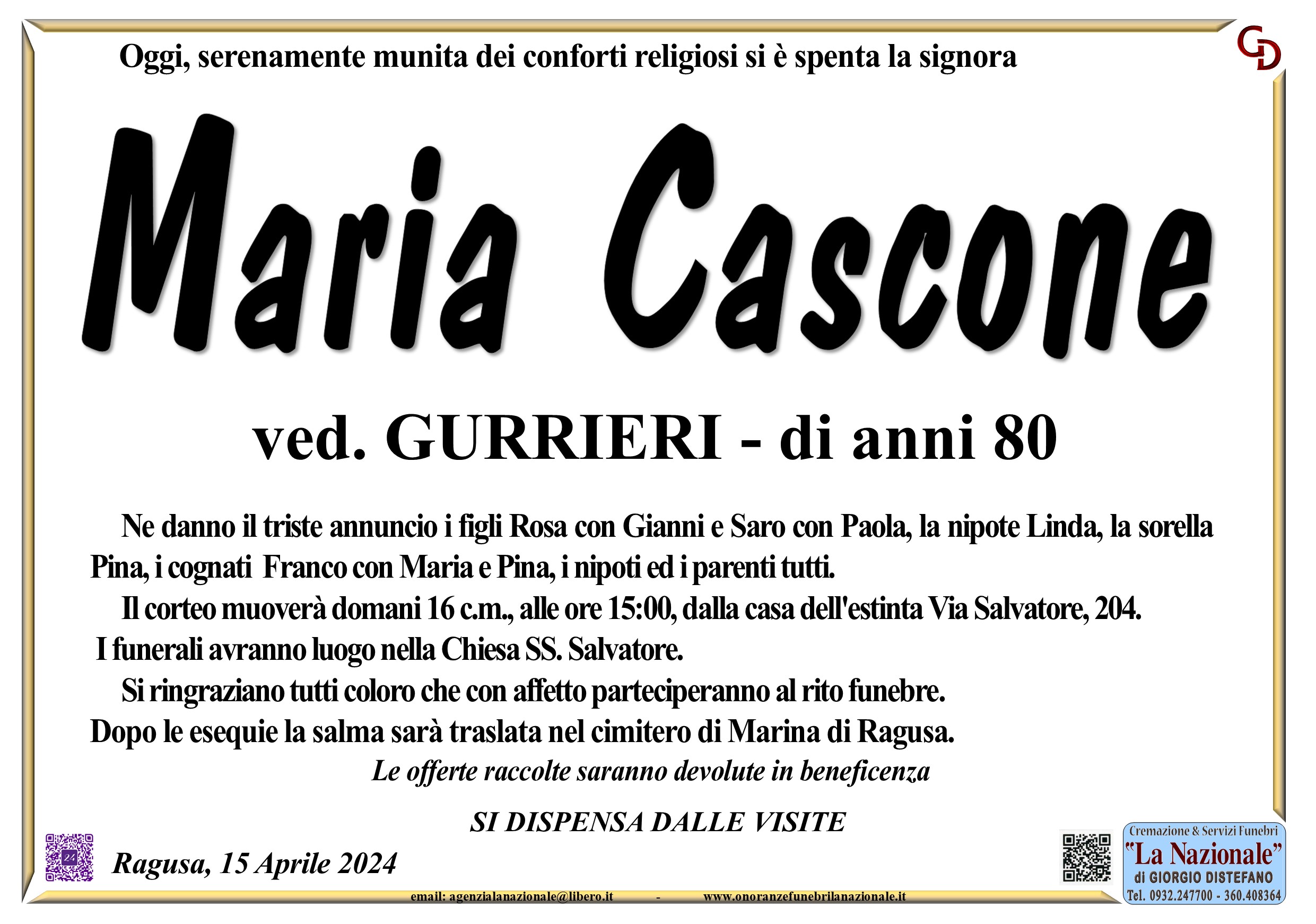 Necrologi: Maria Cascone