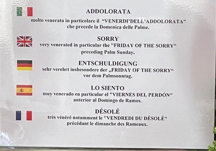 L’Addolorata tradotta in “dispiacere”: l’inglese di S. Giacomo a Ibla è una catastrofe