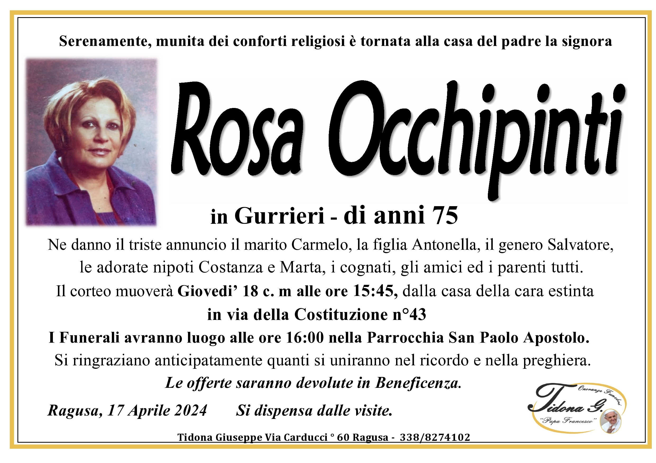 Necrologi: Rosa Occhipinti