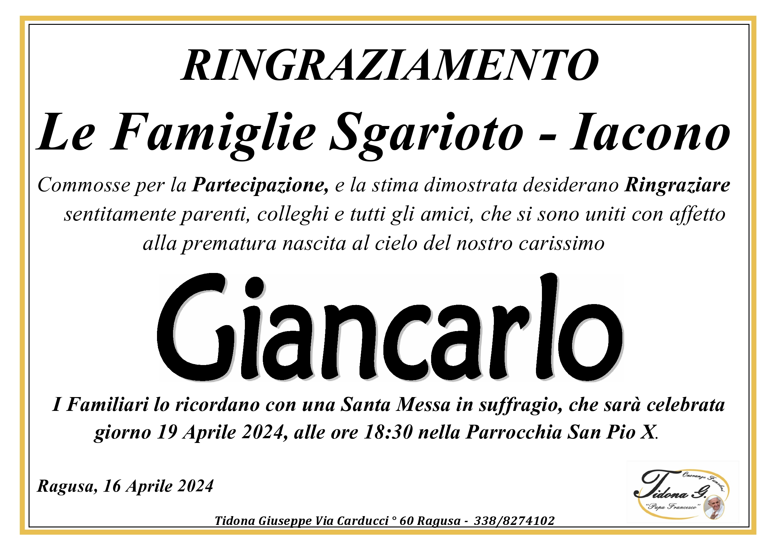 Ringraziamento famiglia Sgarioto-Iacono
