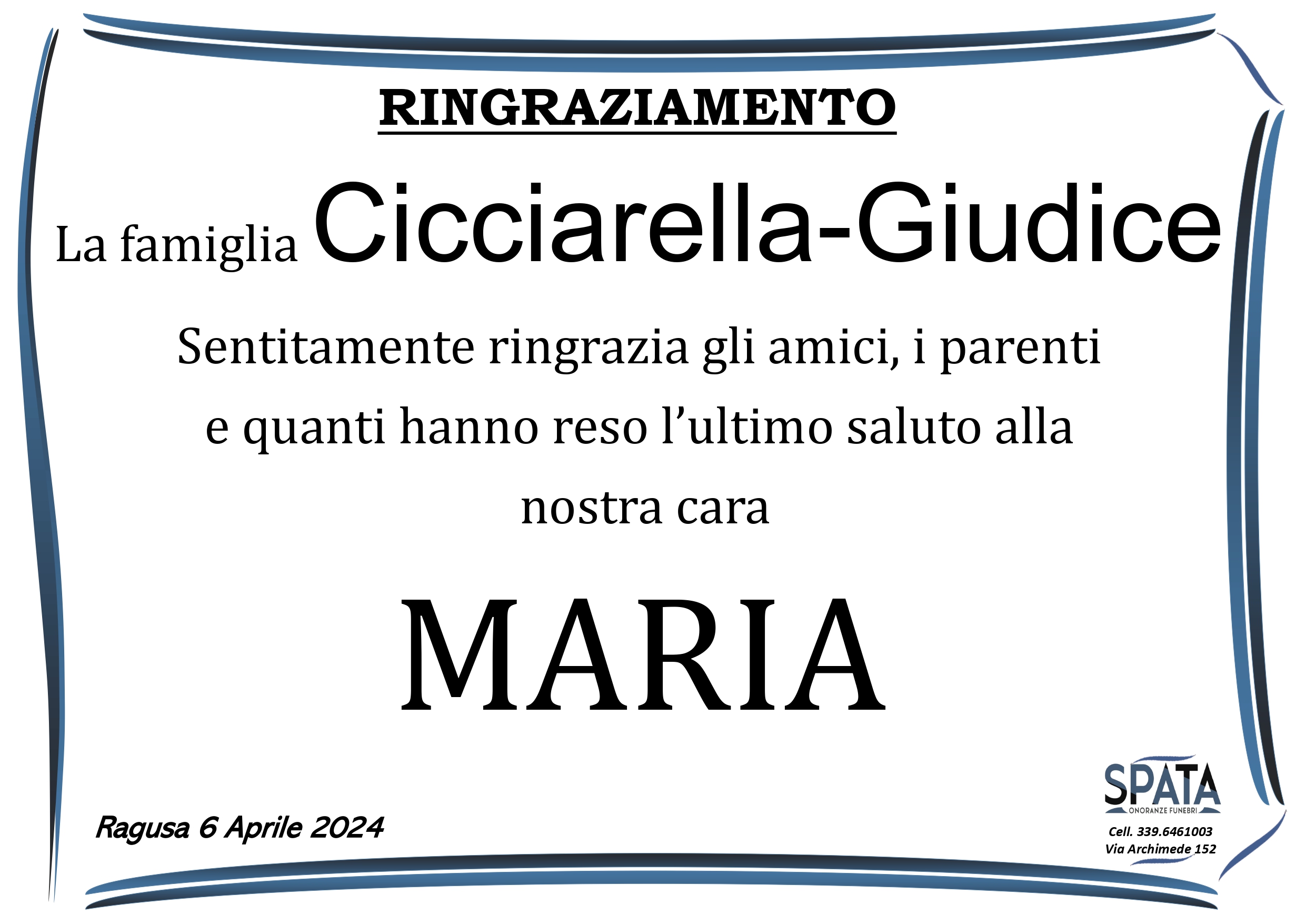 Ringraziamento famiglia Cicciarella-Giudice