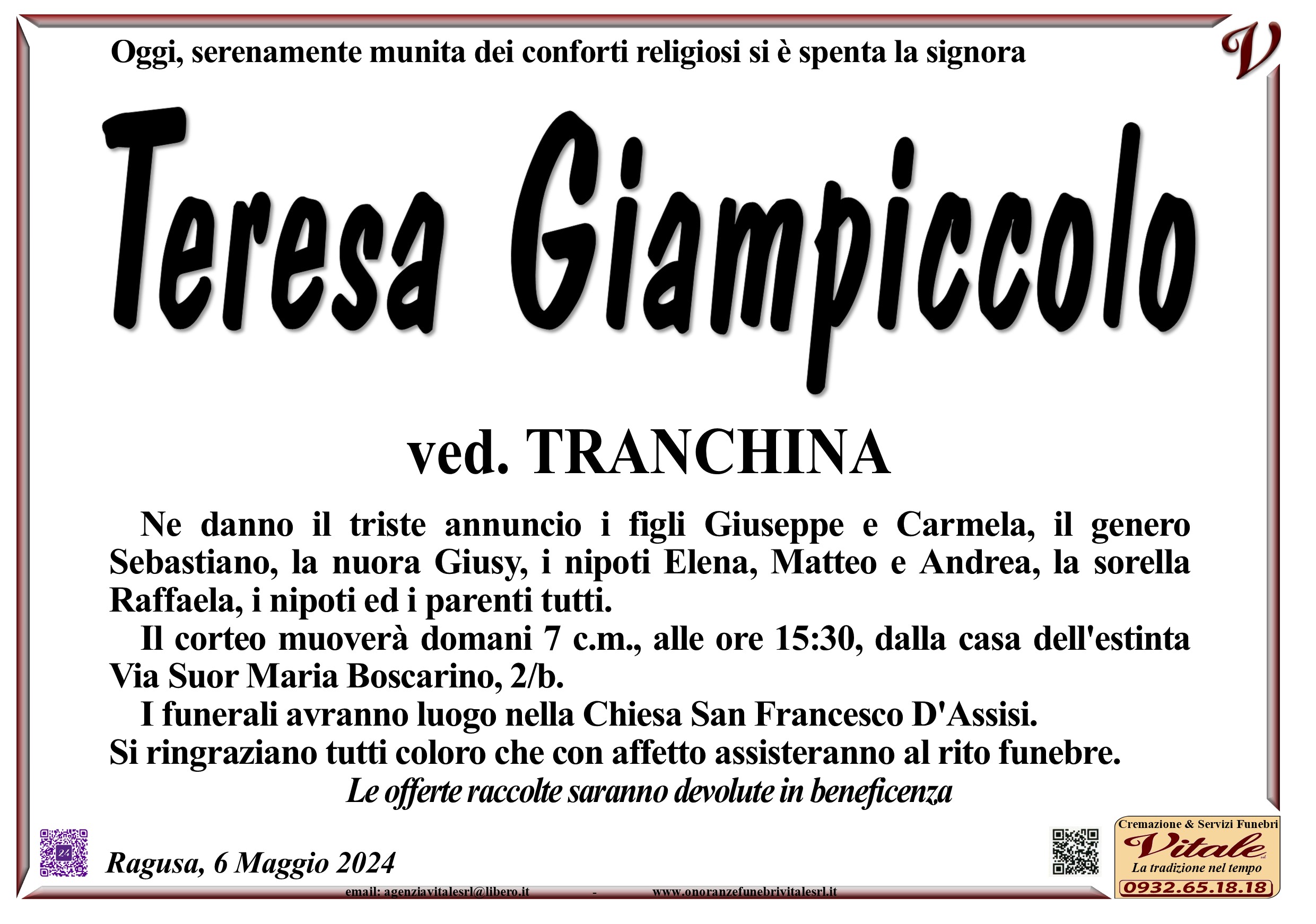 Necrologi: Teresa Giampiccolo