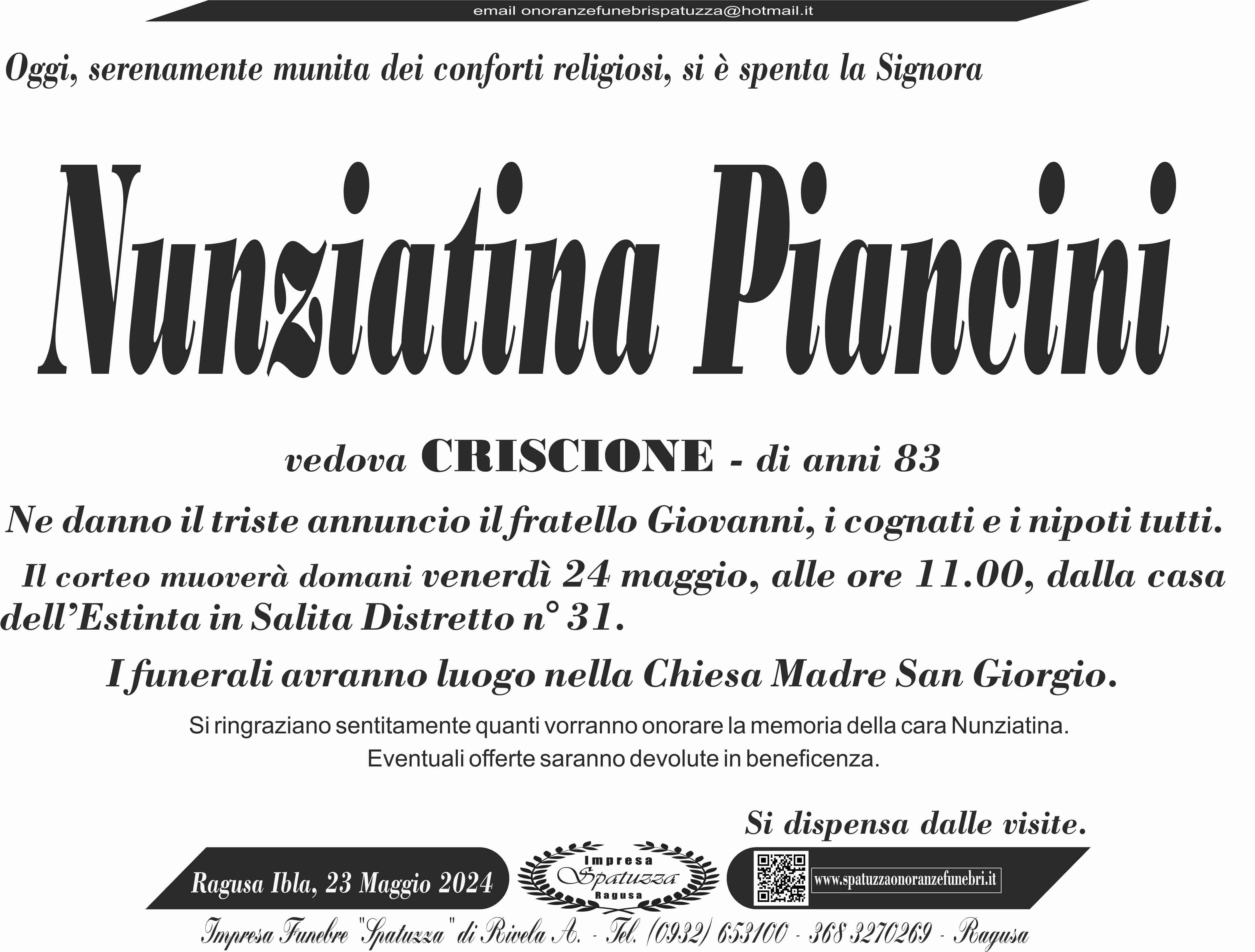 Necrologi: Nunziatina Piancini
