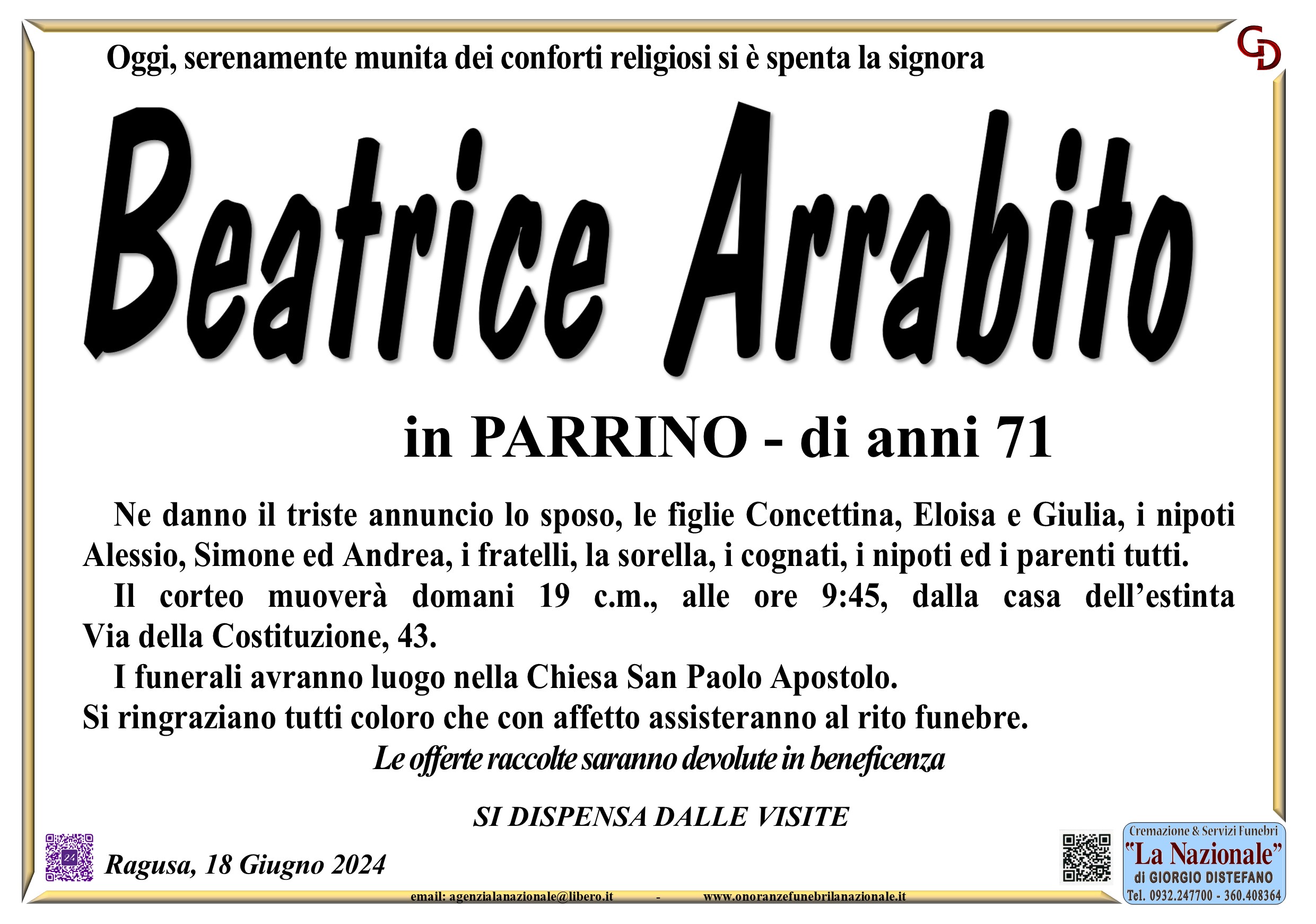 Necrologi: Giacinta Arrabito