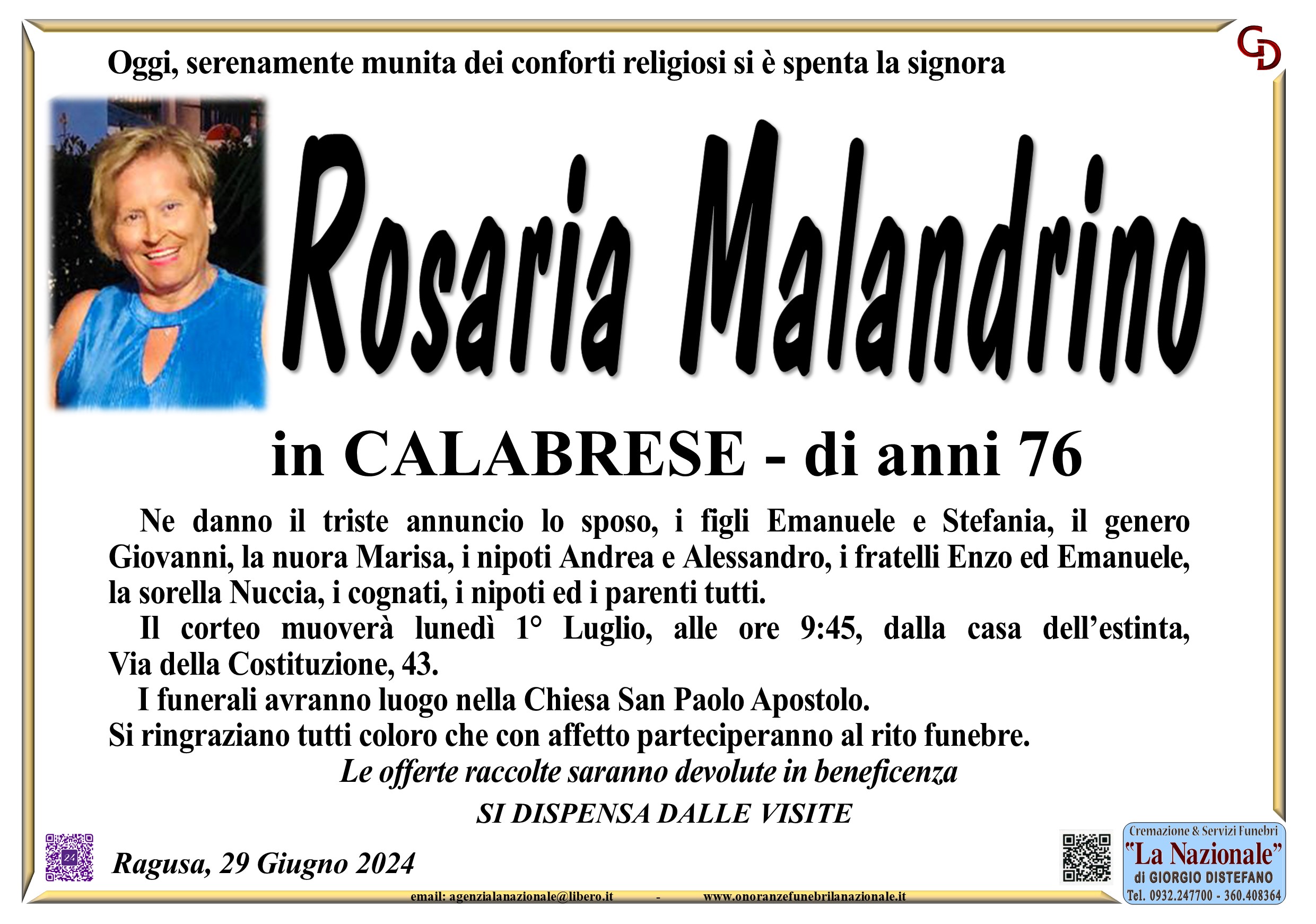 Necrologi: Rosaria Malandrino