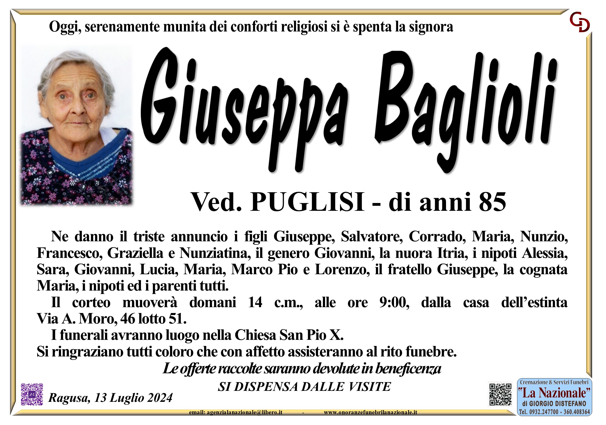 Necrologi: Giuseppa Baglioli
