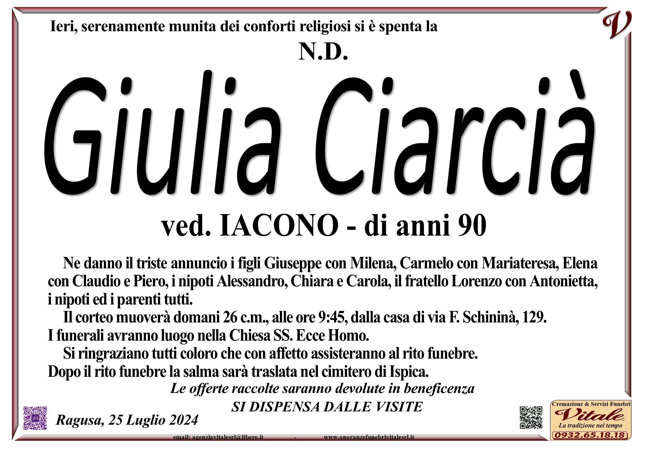 Necrologi: Giulia Ciarcià