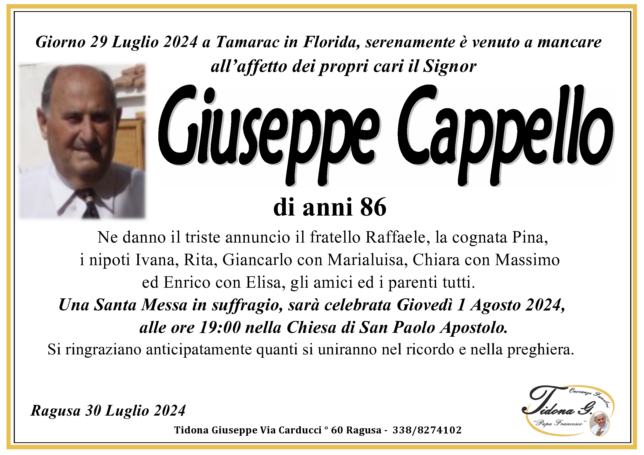 Necrologi: Giuseppe Cappello