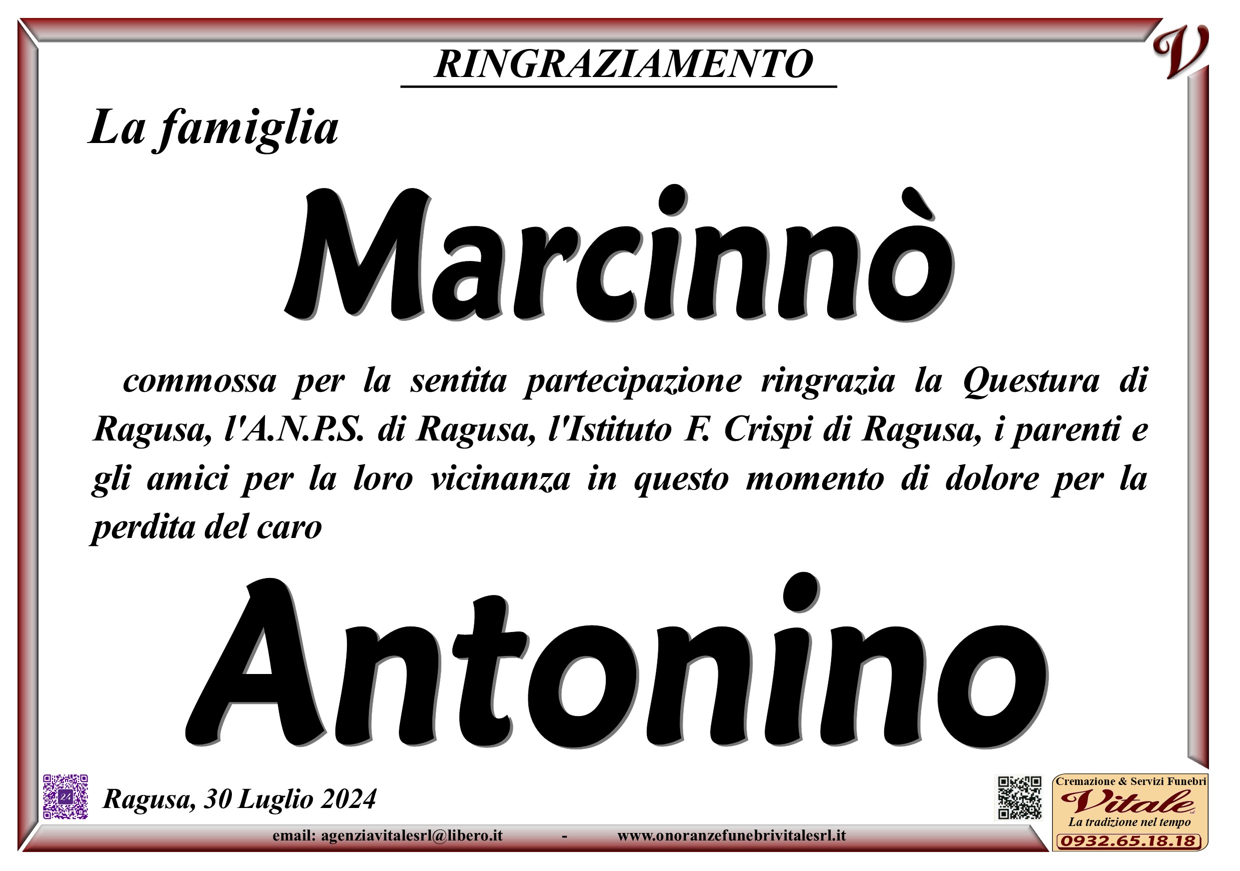 Ringraziamento: Famiglia Marcinnò