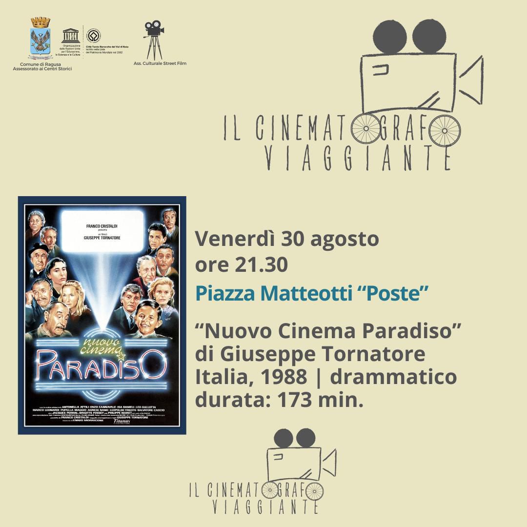 Il Cinematografo Viaggiante: a Ragusa, in piazza Poste, sarà proiettato “Nuovo Cinema Paradiso”