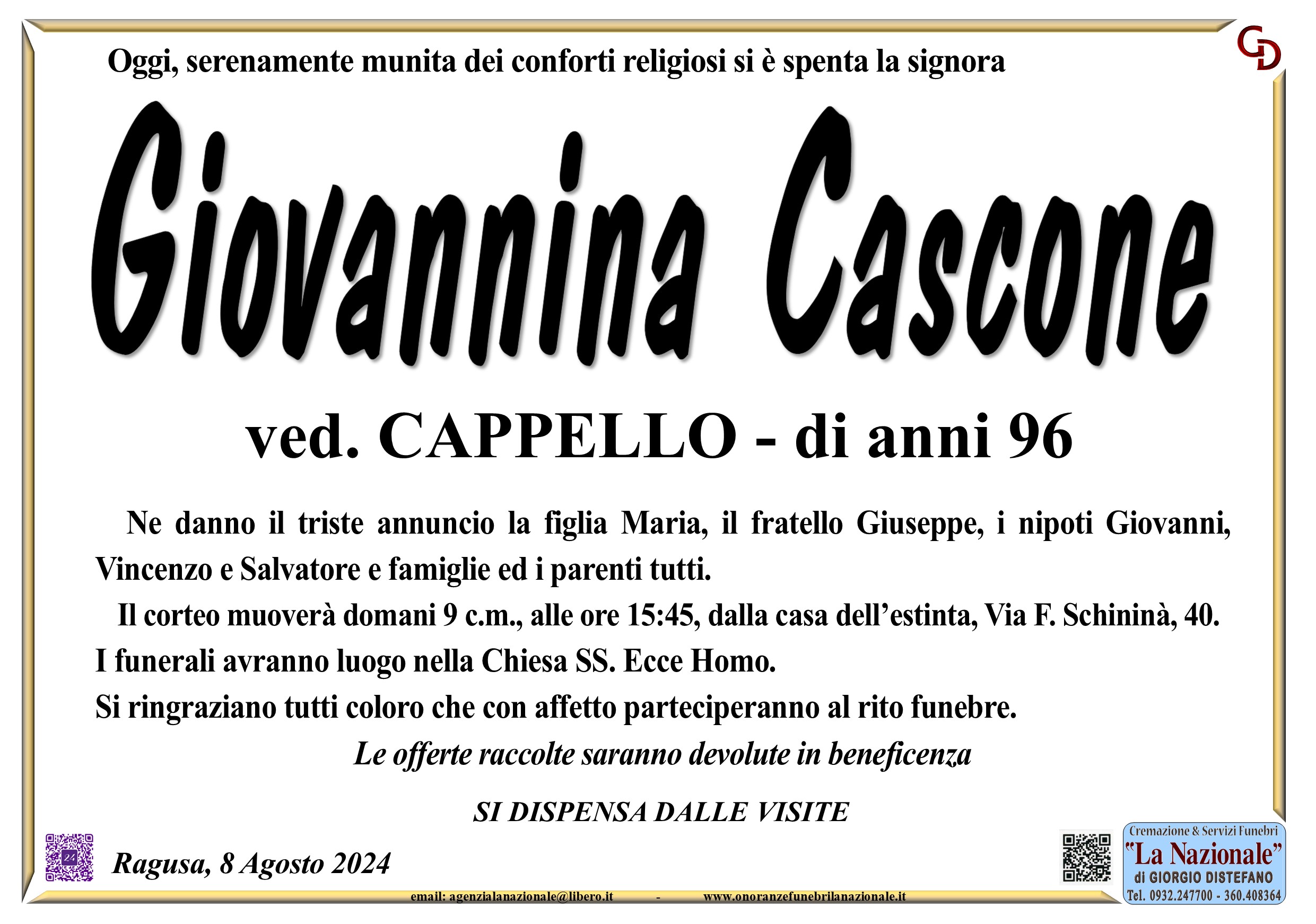 Necrologi: Giovannina Cascone
