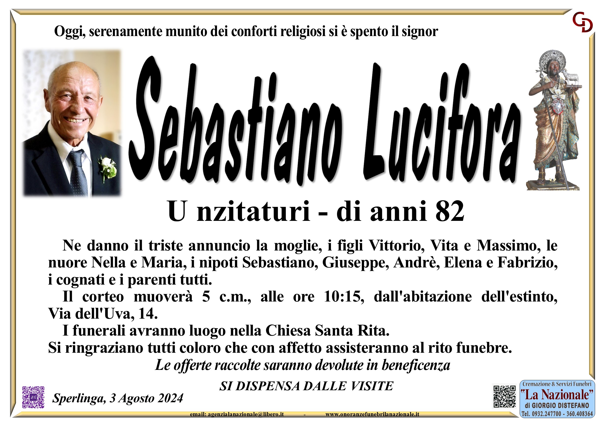 Necrologi: E’ comparso Sebastiano Lucifora