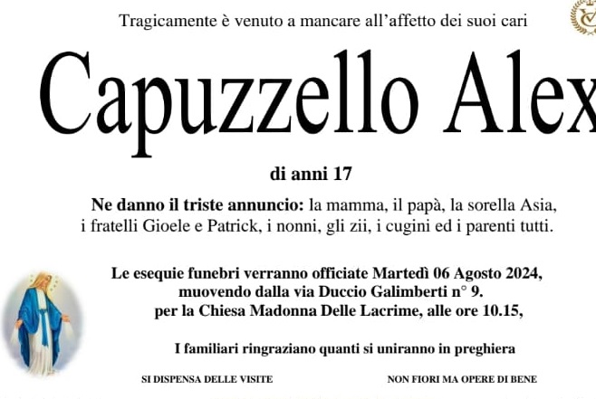 Alex Cappuzzello, i funerali il 6 agosto
