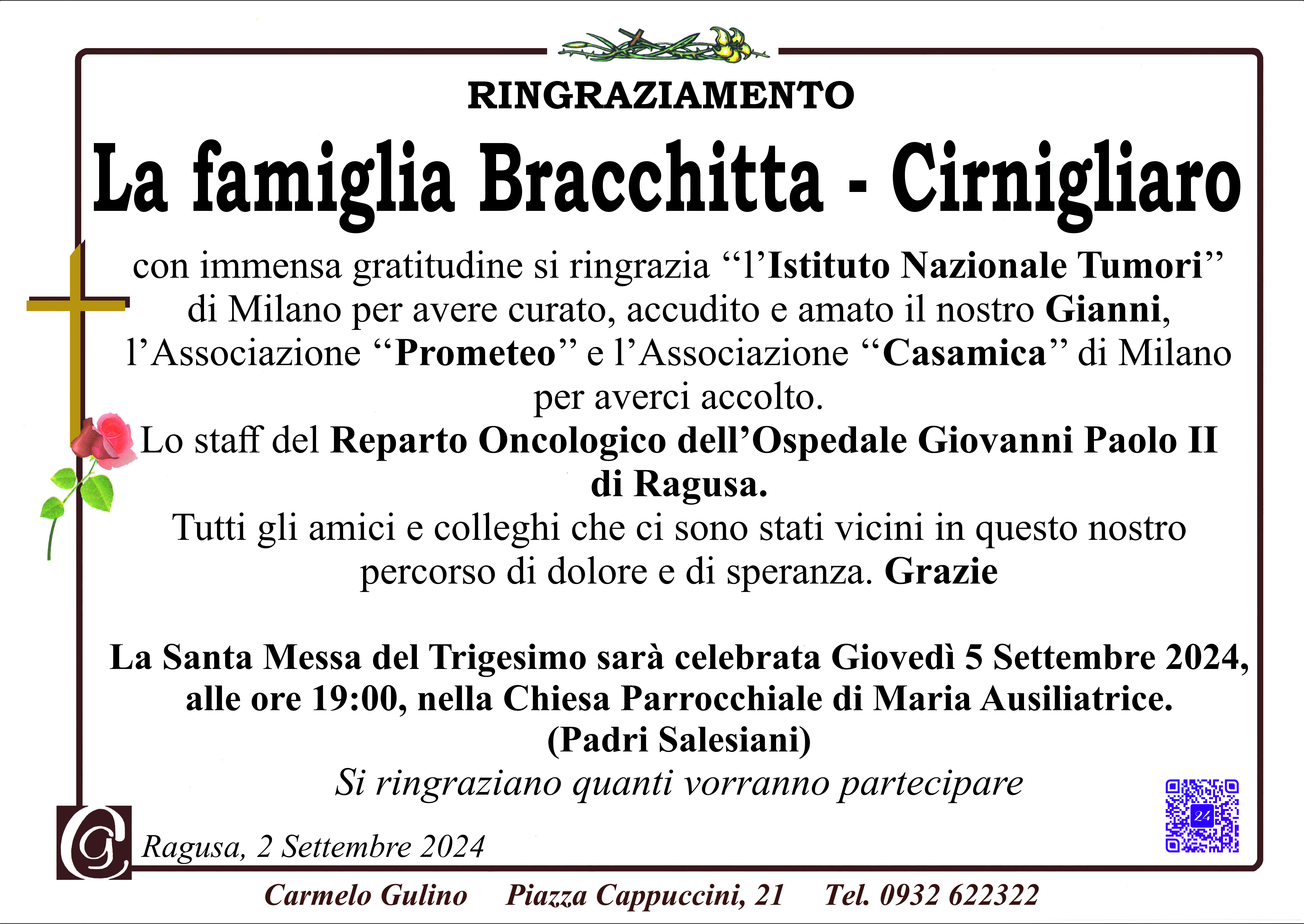 Ringraziamento famiglia Bracchitta-Cirnigliaro