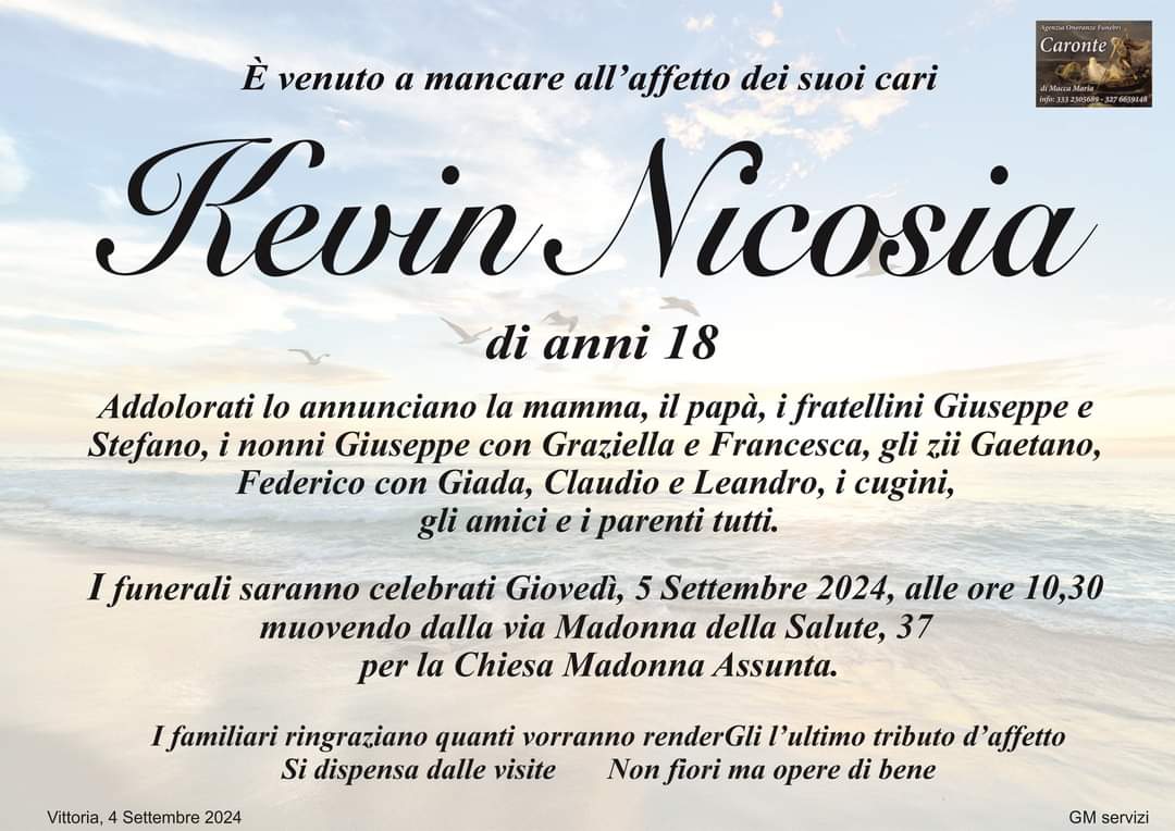 Kevin Nicosia: i funerali si svolgeranno il 5 settembre