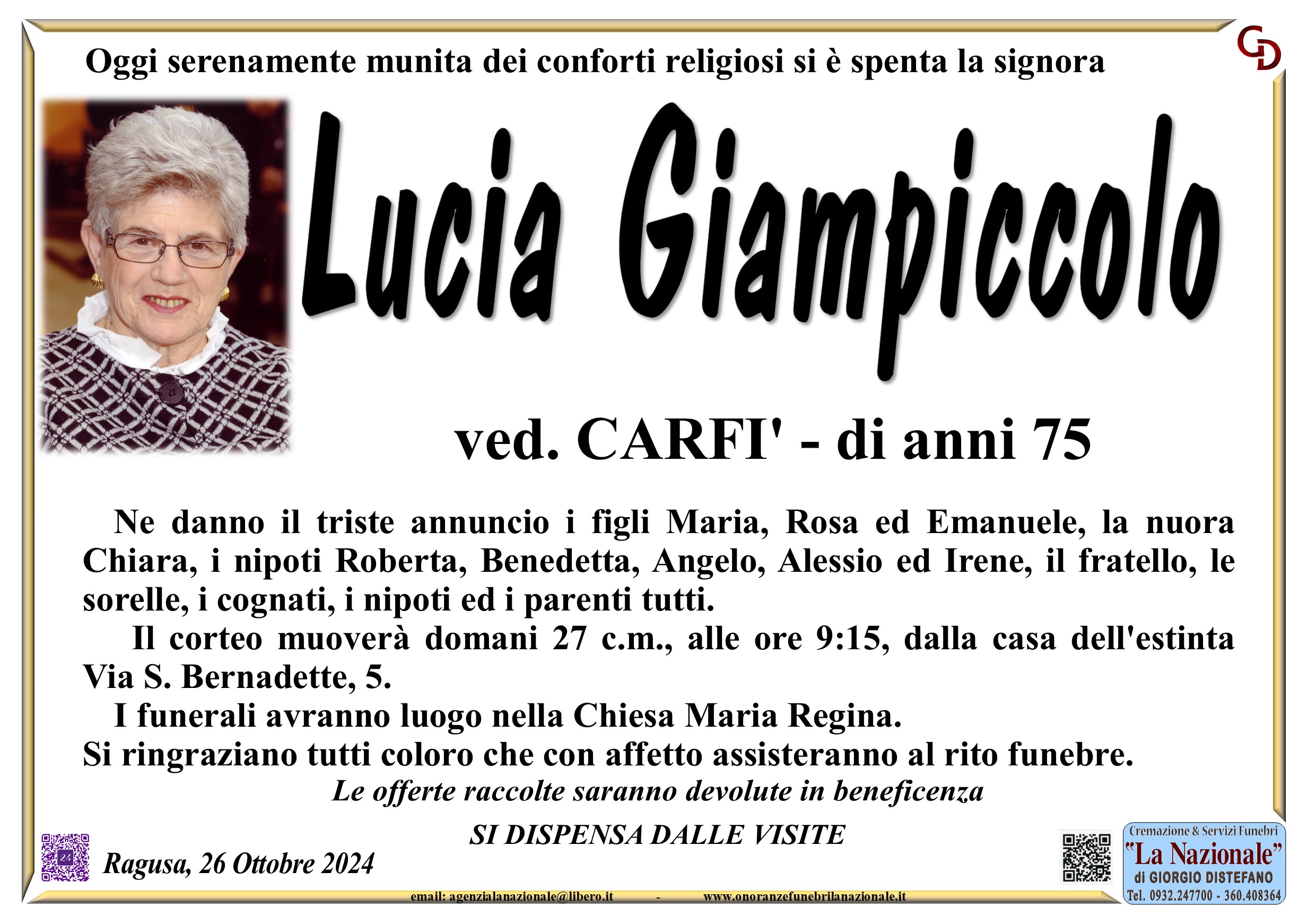 Necrologi. E’ deceduta Lucia Giampiccolo